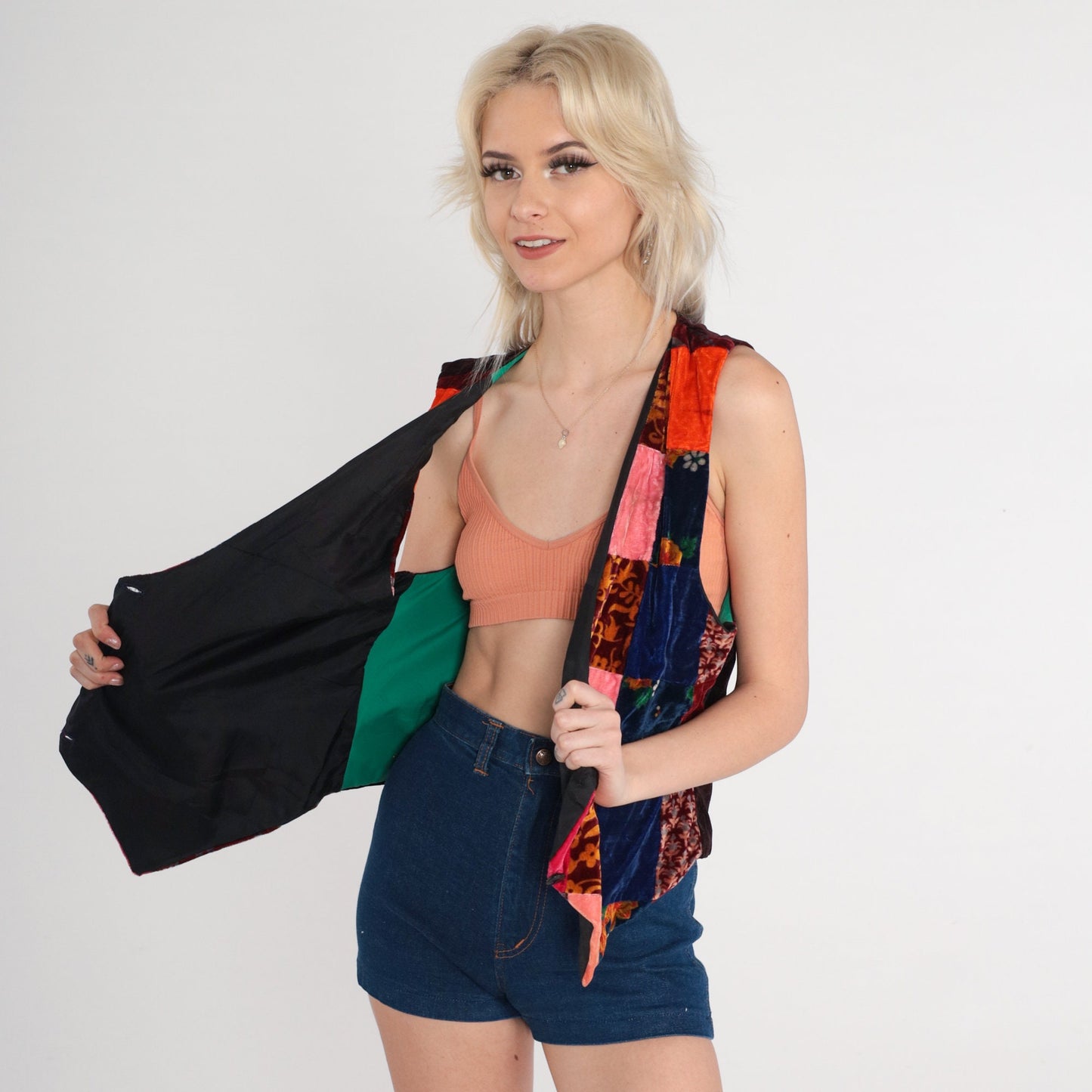 70s Velvet Patchwork Floral Button-Up Vest Pink Red Blue Medium M