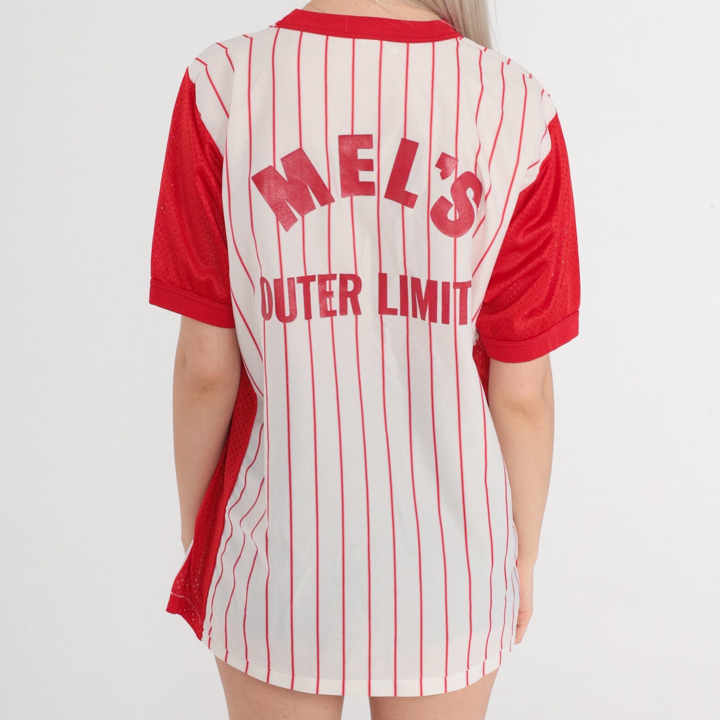 80s Mel's Outer Limits Baseball Jersey Red White Striped Mesh Ringer Tee Medium