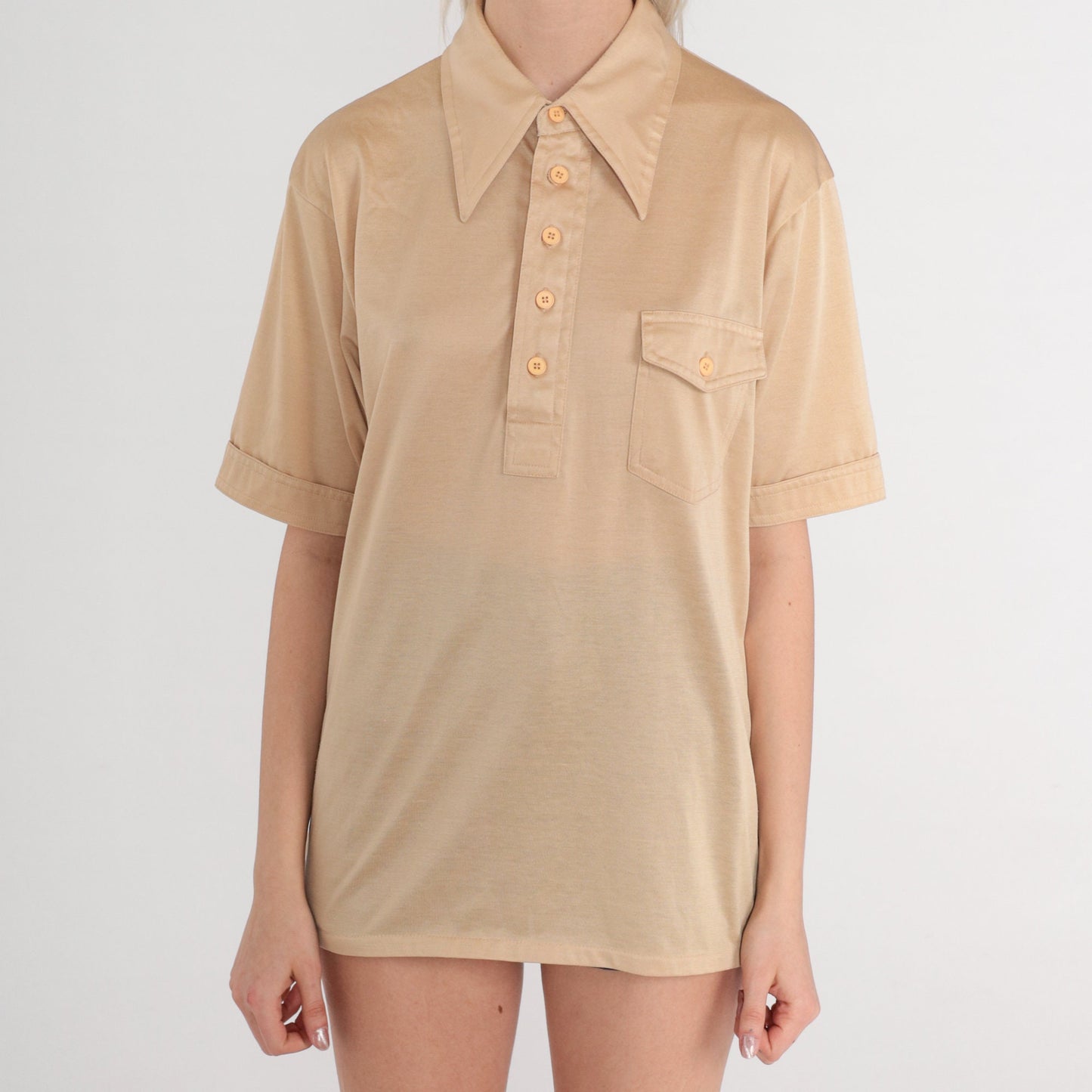 70s Tan Polo Shirt Dagger Collar Button-Up Short Sleeve Medium
