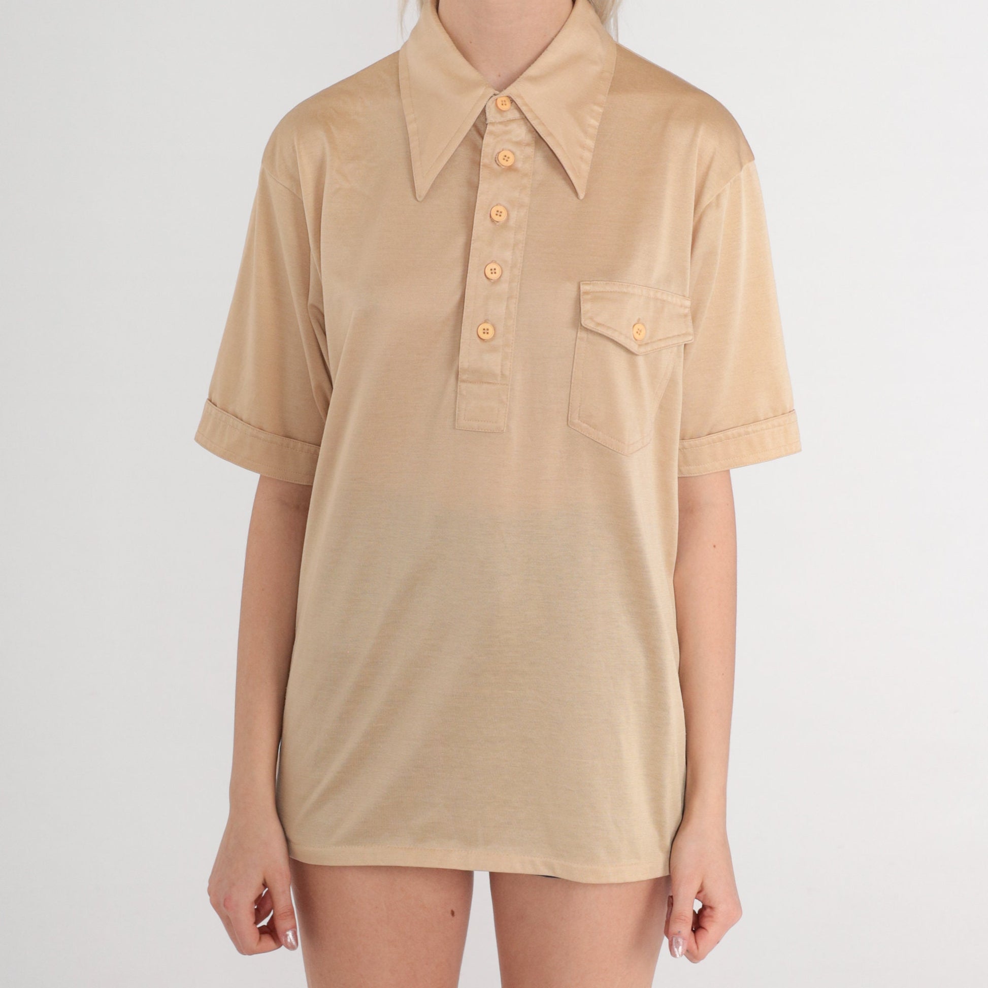 70s Tan Polo Shirt Dagger Collar Button-Up Short Sleeve Medium