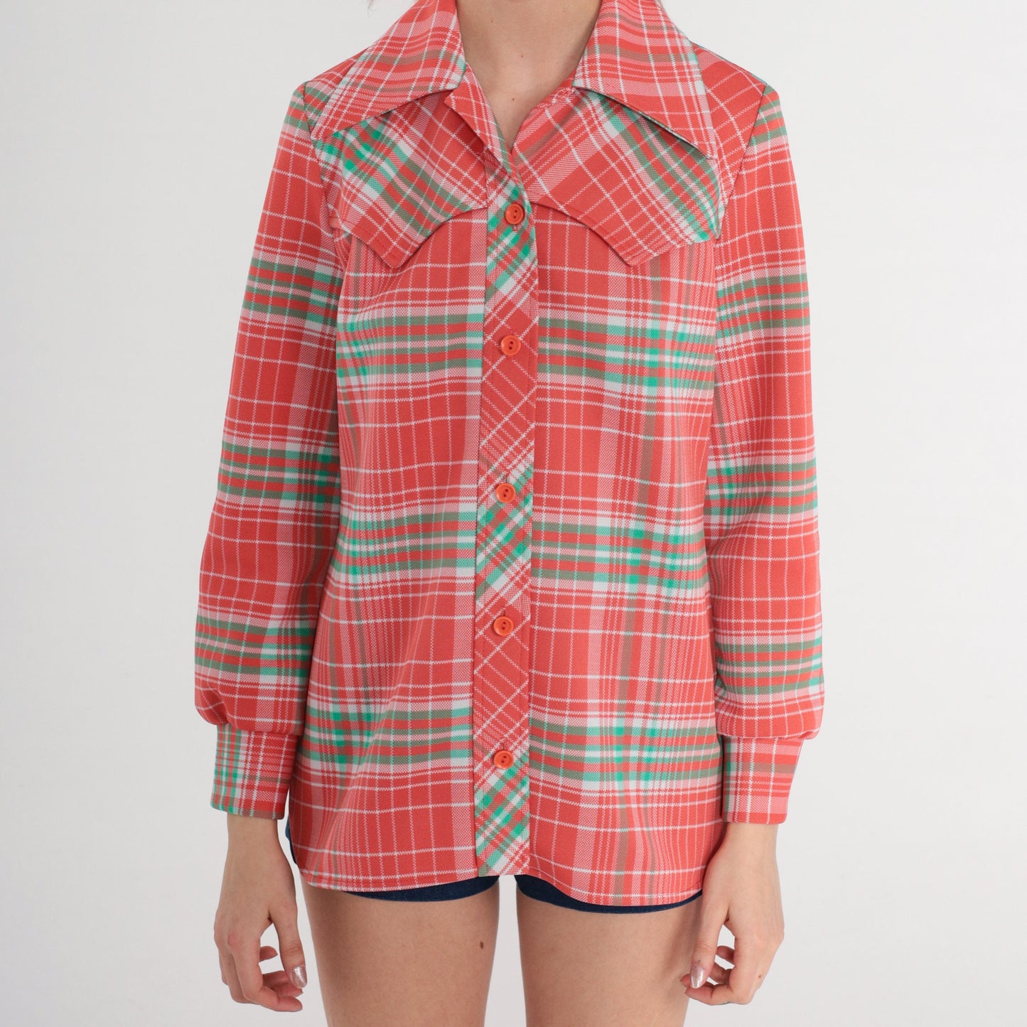 70s Salmon Pink Plaid Western Button-Up Blouse Long Sleeve Small