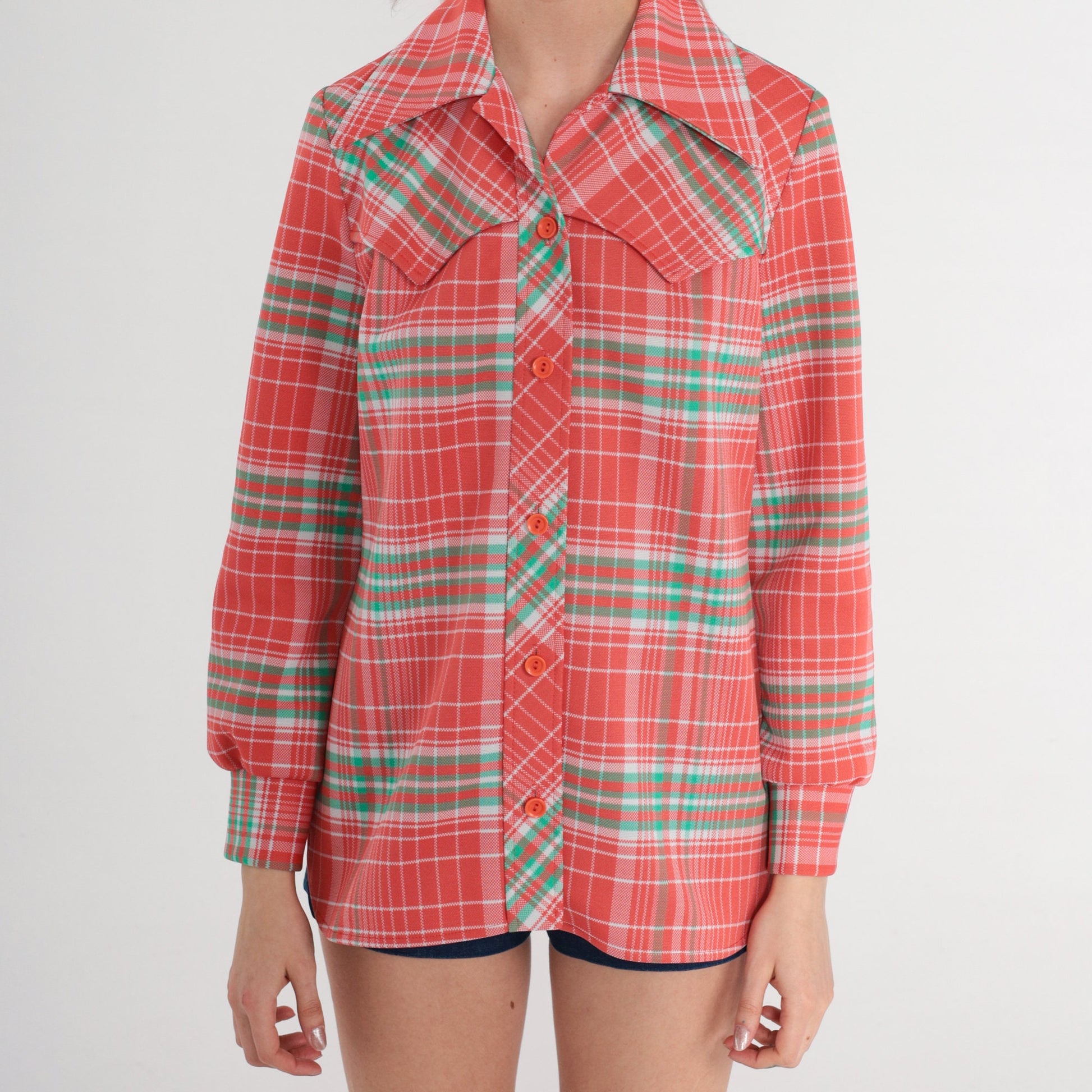 70s Salmon Pink Plaid Western Button-Up Blouse Long Sleeve Small