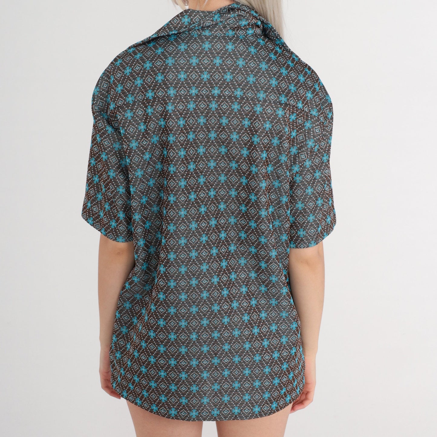 70s Disco Shirt Geometric Tile Print Zip Up Wing Collar Brown Blue Striped Large