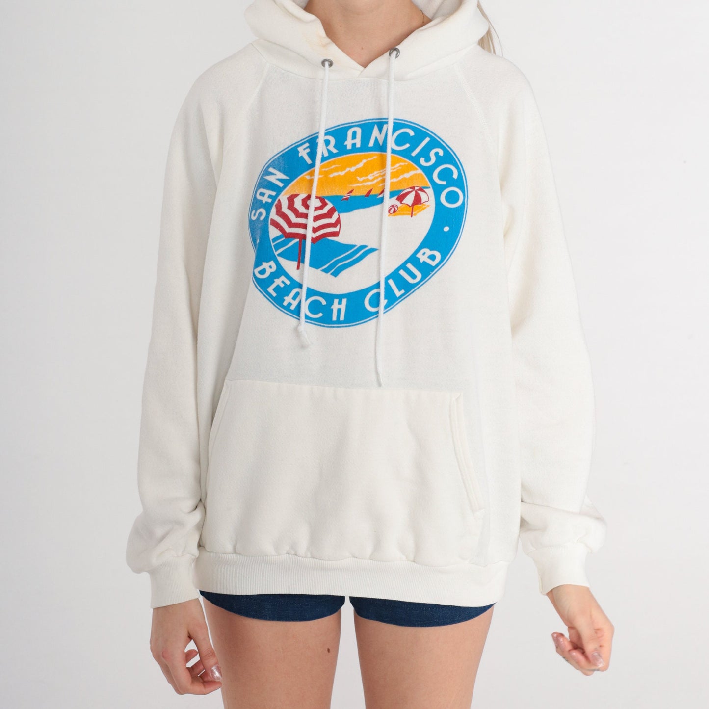 90s San Francisco Beach Club Hoodie White Raglan Graphic Sweatshirt Large