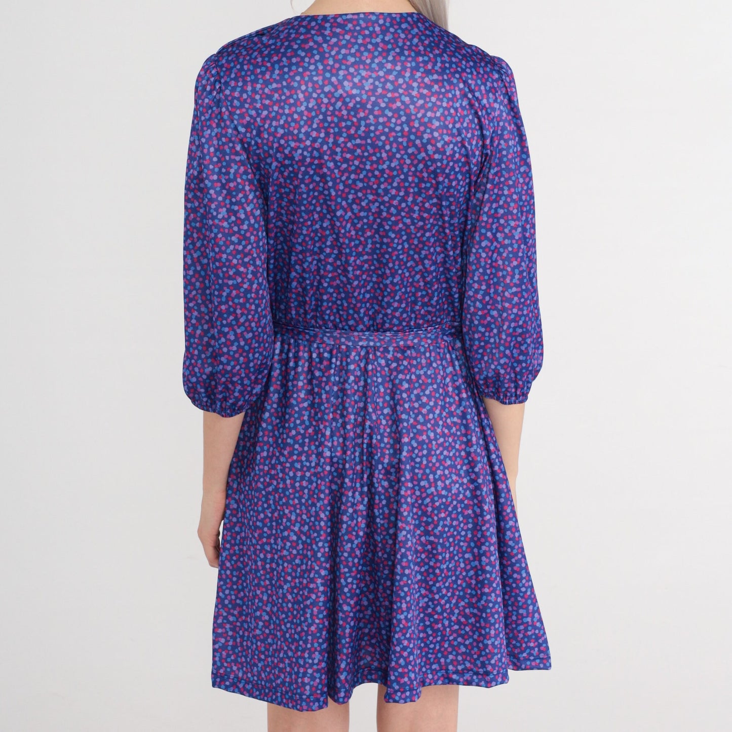 80s Purple Confetti Mini Dress Puff Sleeve Shoulder Buttons Small