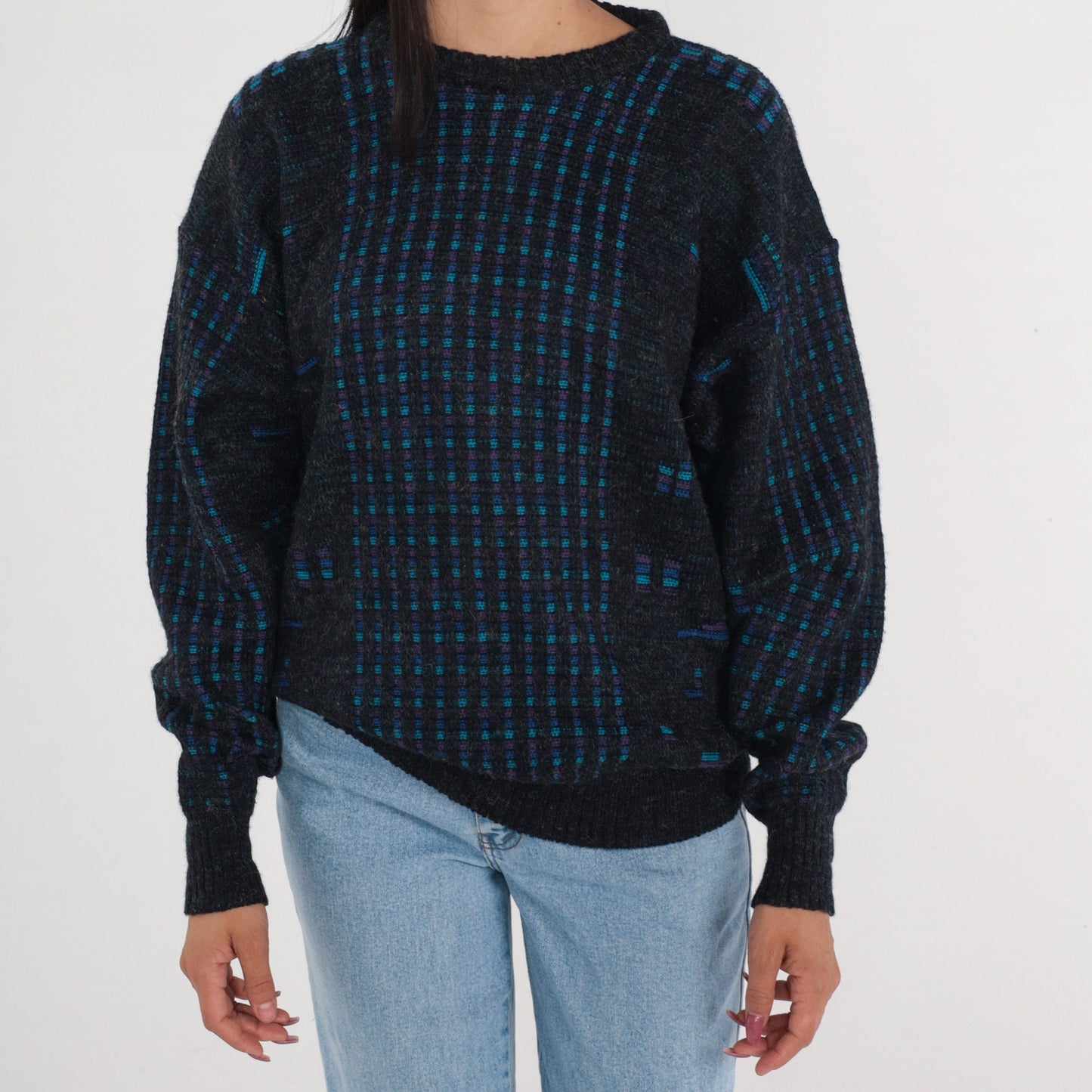 90s Checkered Knit Sweater Dark Grey Blue Purple Pullover Medium M