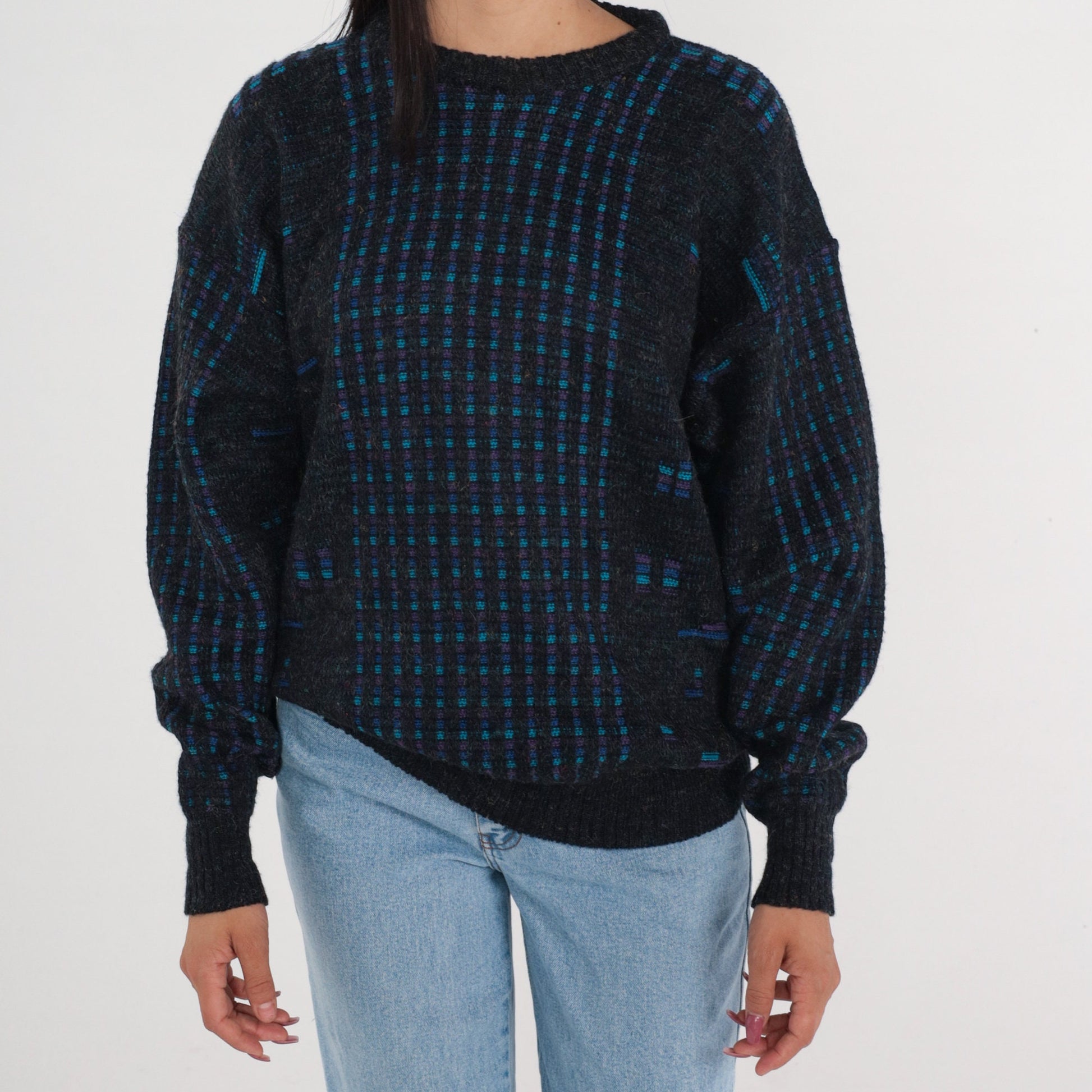 90s Checkered Knit Sweater Dark Grey Blue Purple Pullover Medium M