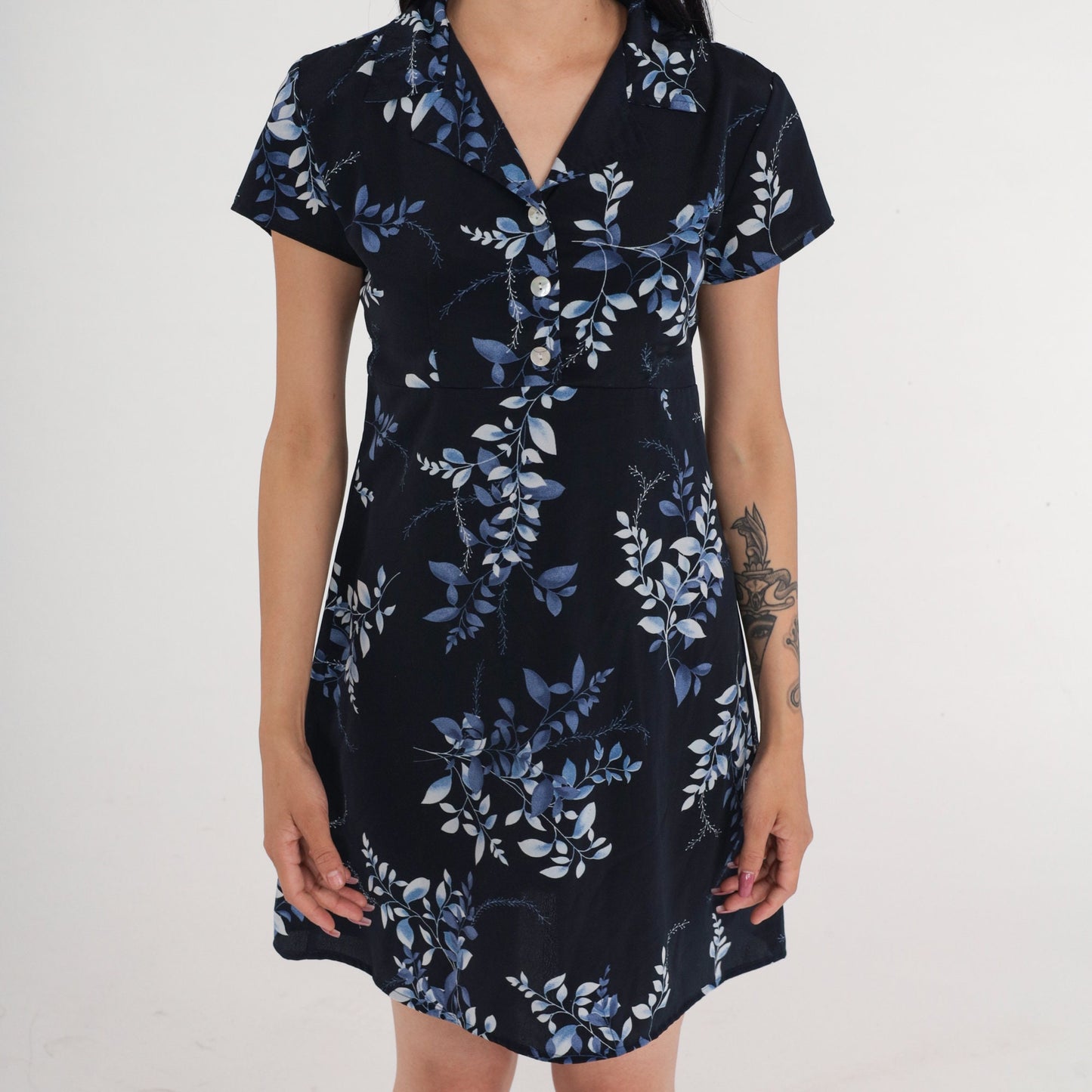 90s Jodi of California Navy Leaf Print Mini Dress Empire Waist Medium
