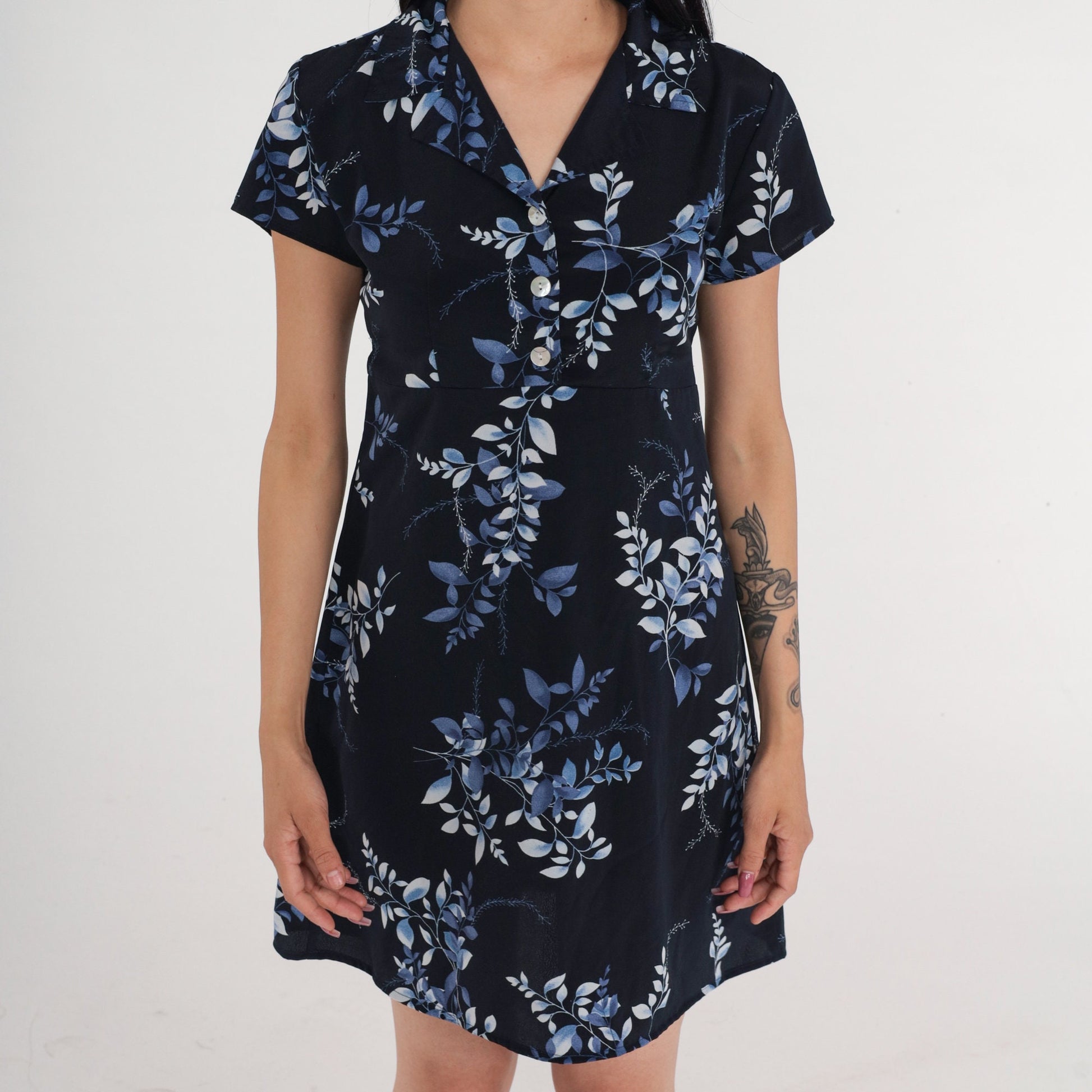 90s Jodi of California Navy Leaf Print Mini Dress Empire Waist Medium