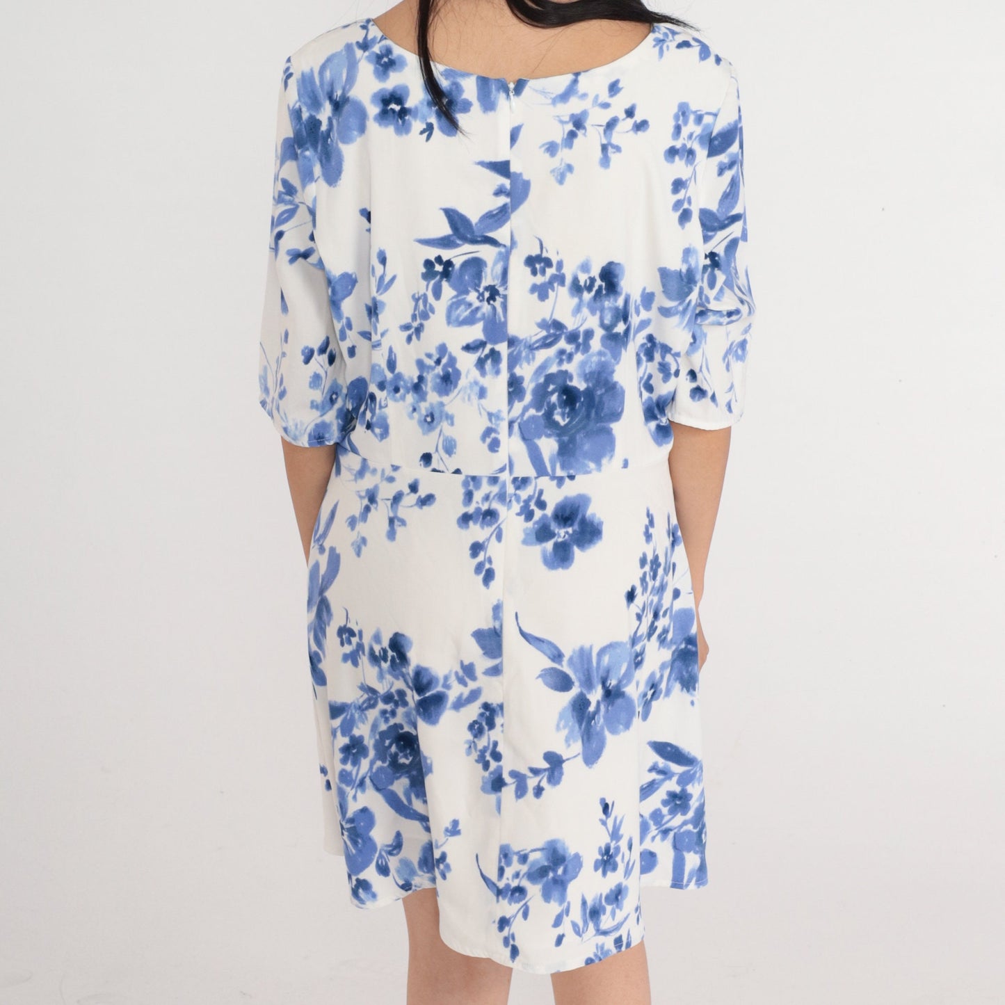 00s White Blue Floral Mini Dress High Waist A-Line Short Sleeve Large