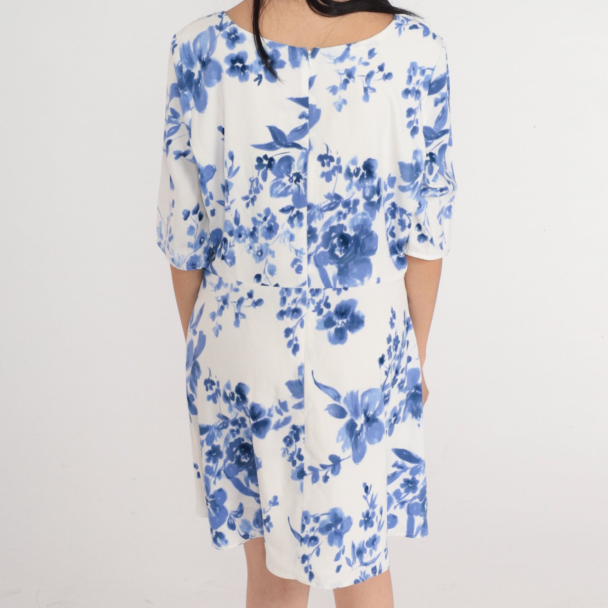 00s White Blue Floral Mini Dress High Waist A-Line Short Sleeve Large