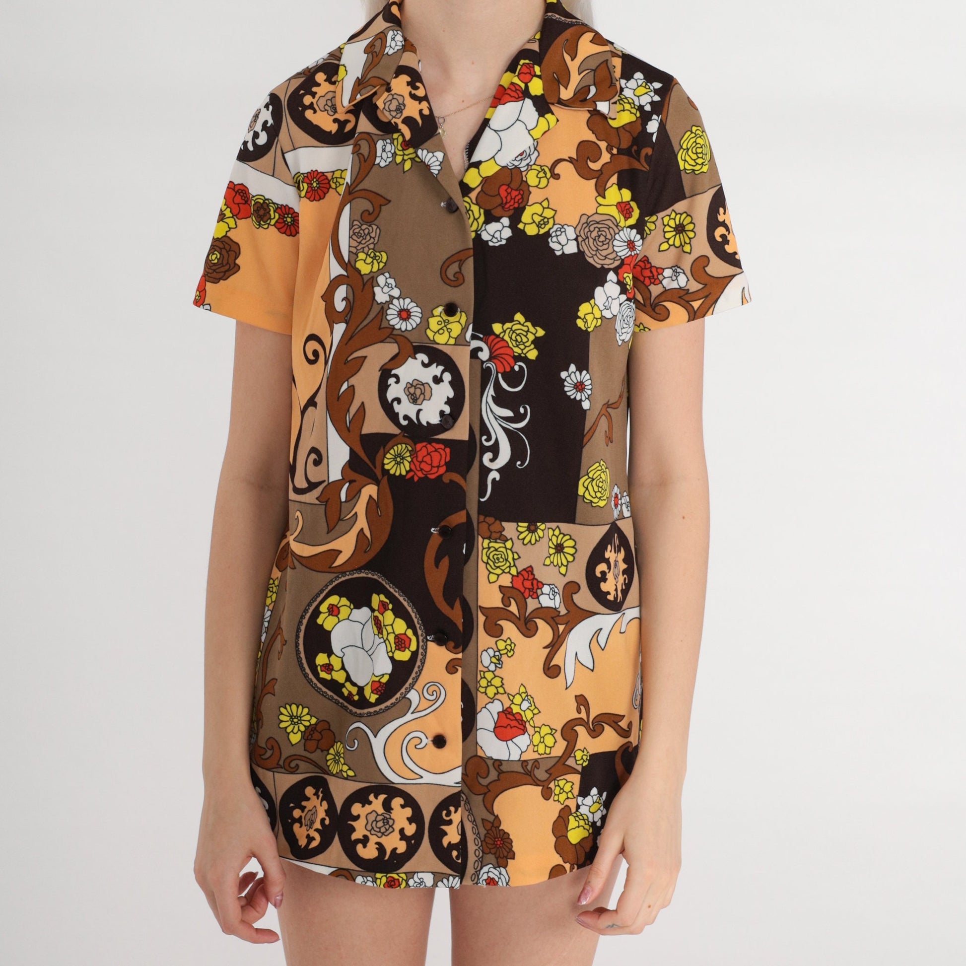 70s Floral Print Button-Up Shirt Brown Tonal Collar Short Sleeve Small