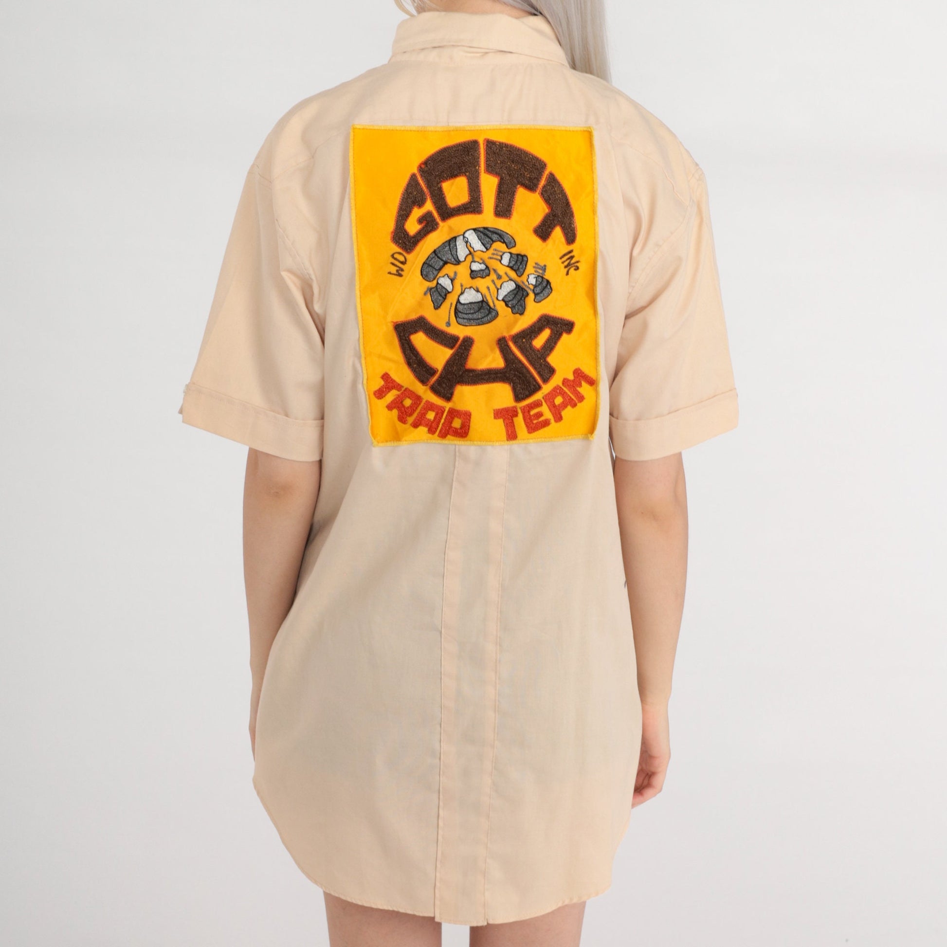 70s Gotcha Trap Team Hunting Shirt Beige Quilted Button Up Medium