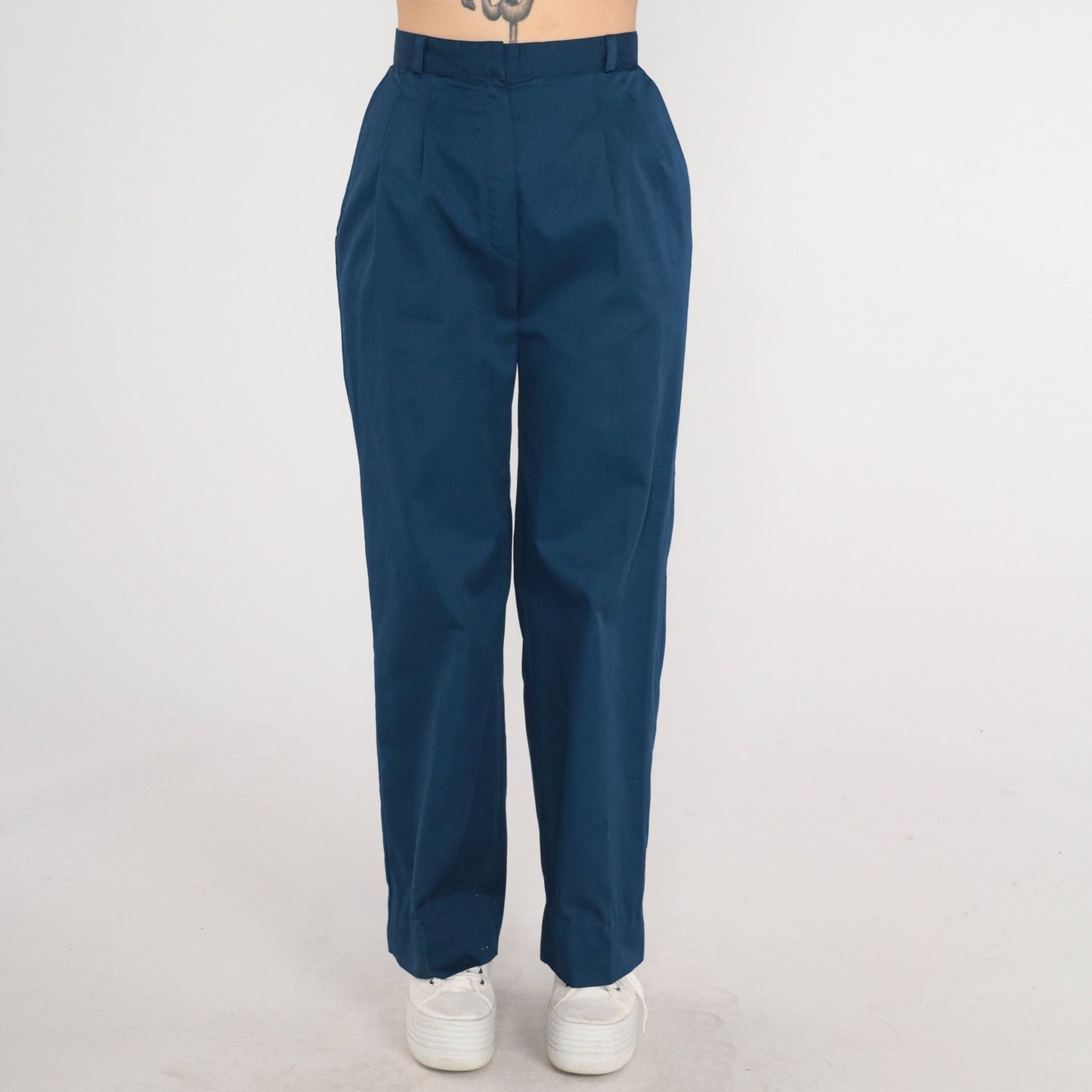 80s Navy High-Waisted Pleated Trousers Tapered Pants Small 26