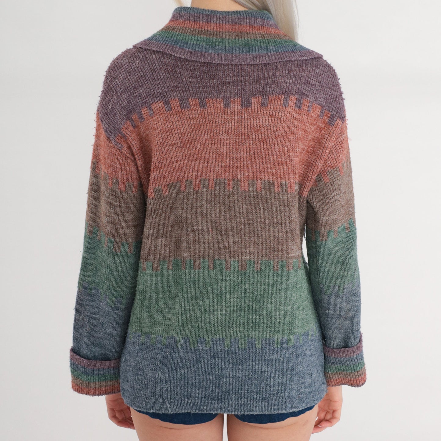 70s Striped Cardigan Knit Button Up Sweater Orange Blue Purple Green Medium M