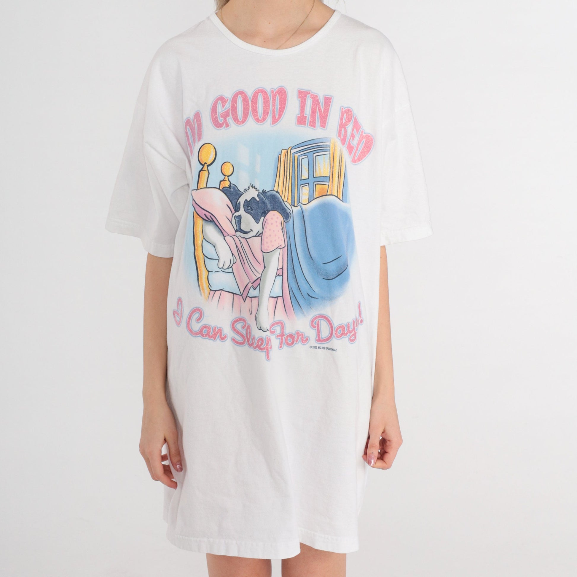 Y2K Big Dogs Pajama Dress 'I'm Good in Bed' Graphic Tee Mini Cotton Small