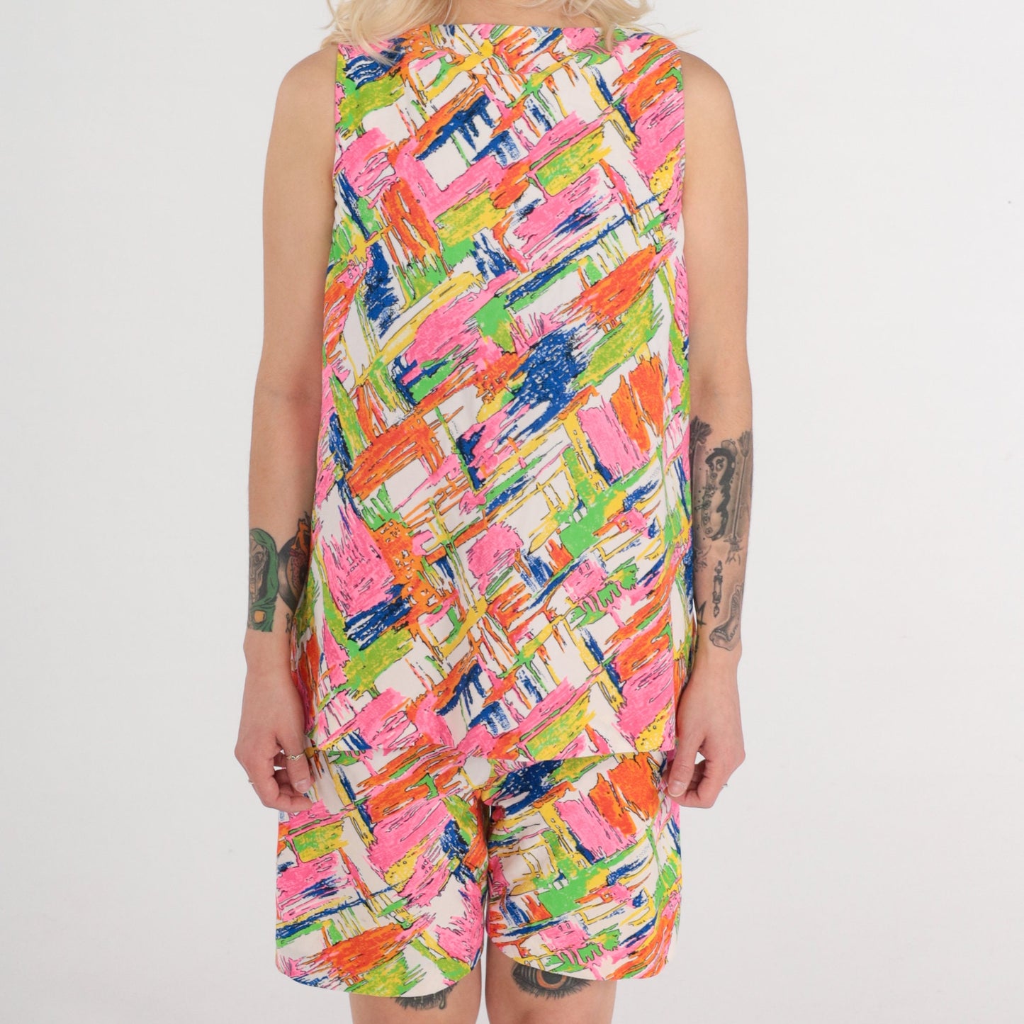 70s Abstract Print Tank Top & Shorts Two Piece Set Psychedelic Small