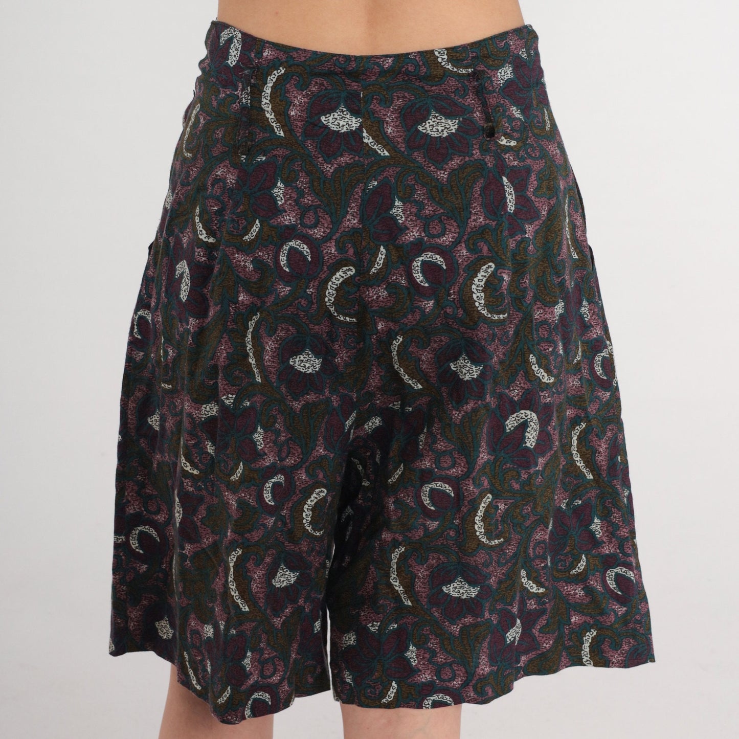 90s Floral Pleated Shorts High Waist Wide Leg Dark Print Purple Green Small