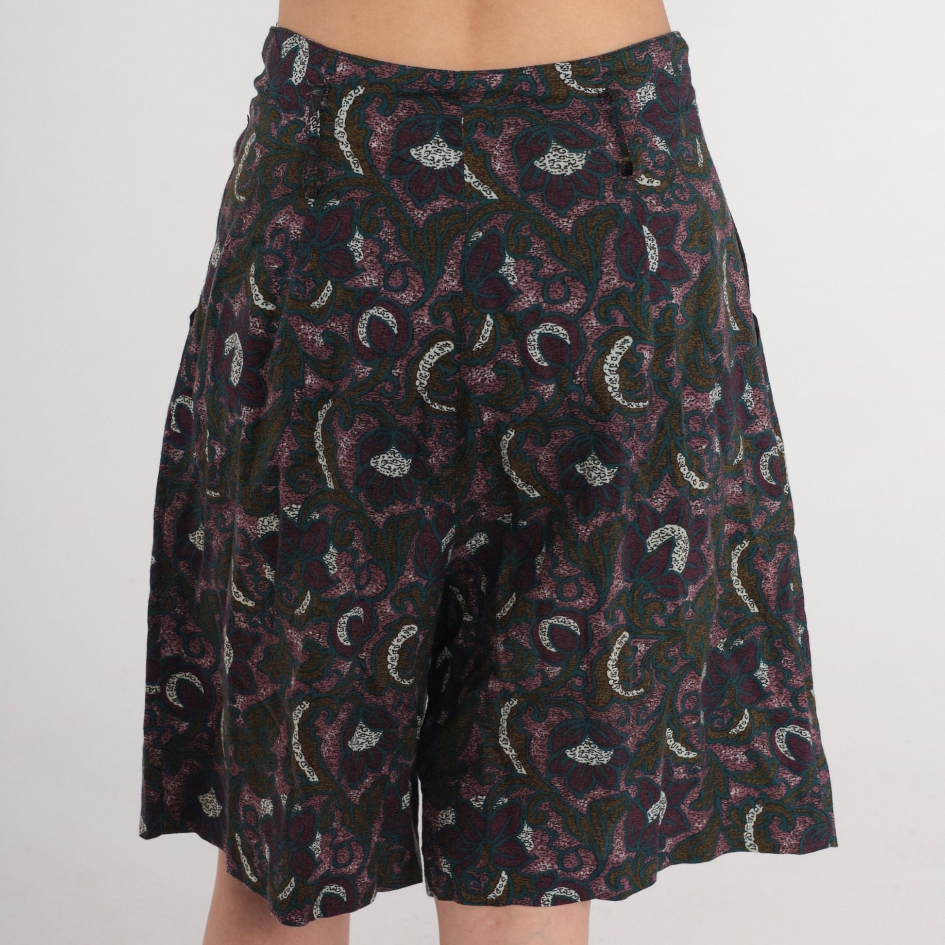 90s Floral Pleated Shorts High Waist Wide Leg Dark Print Purple Green Small