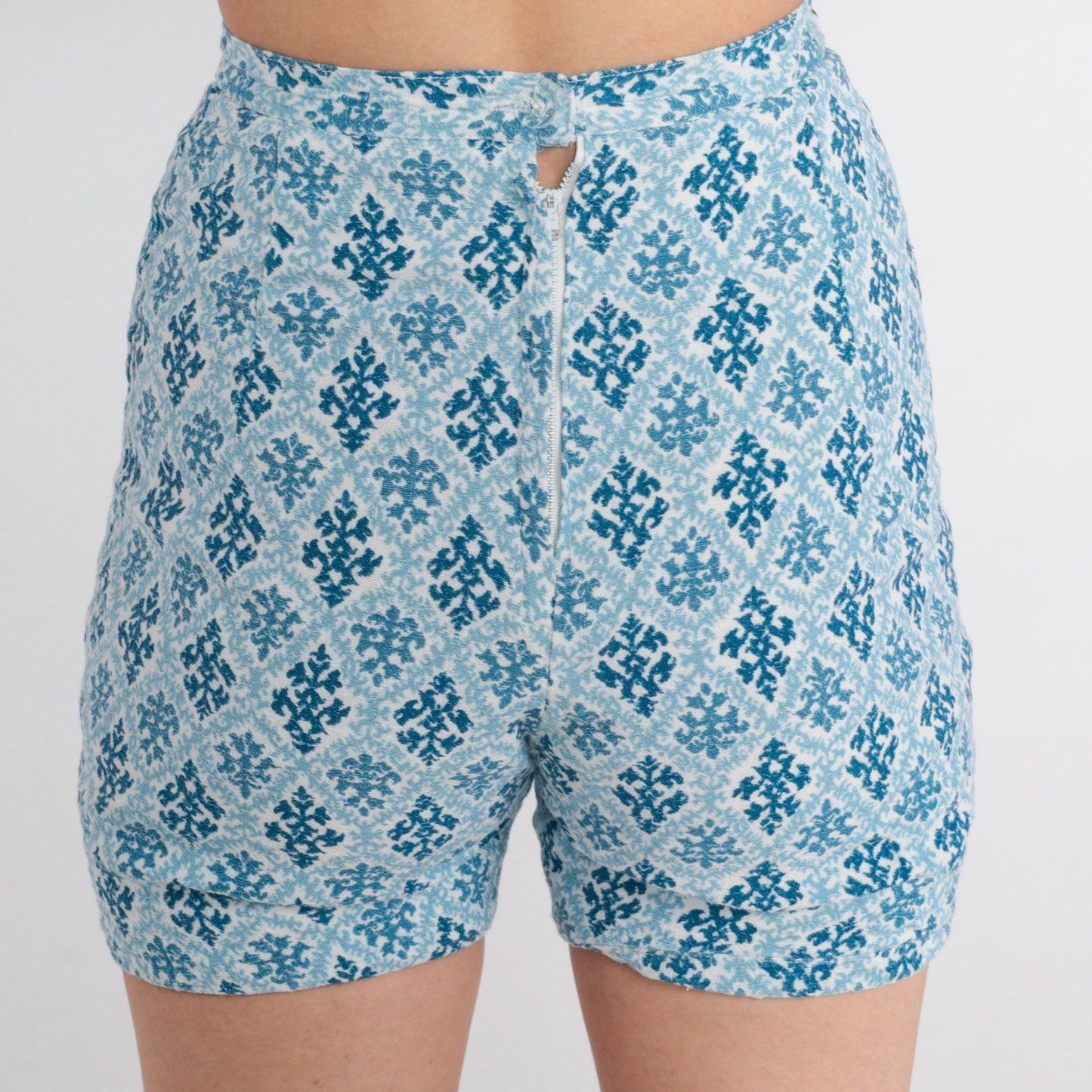 60s Blue Tapestry Print High-Waist Shorts Geometric XXS