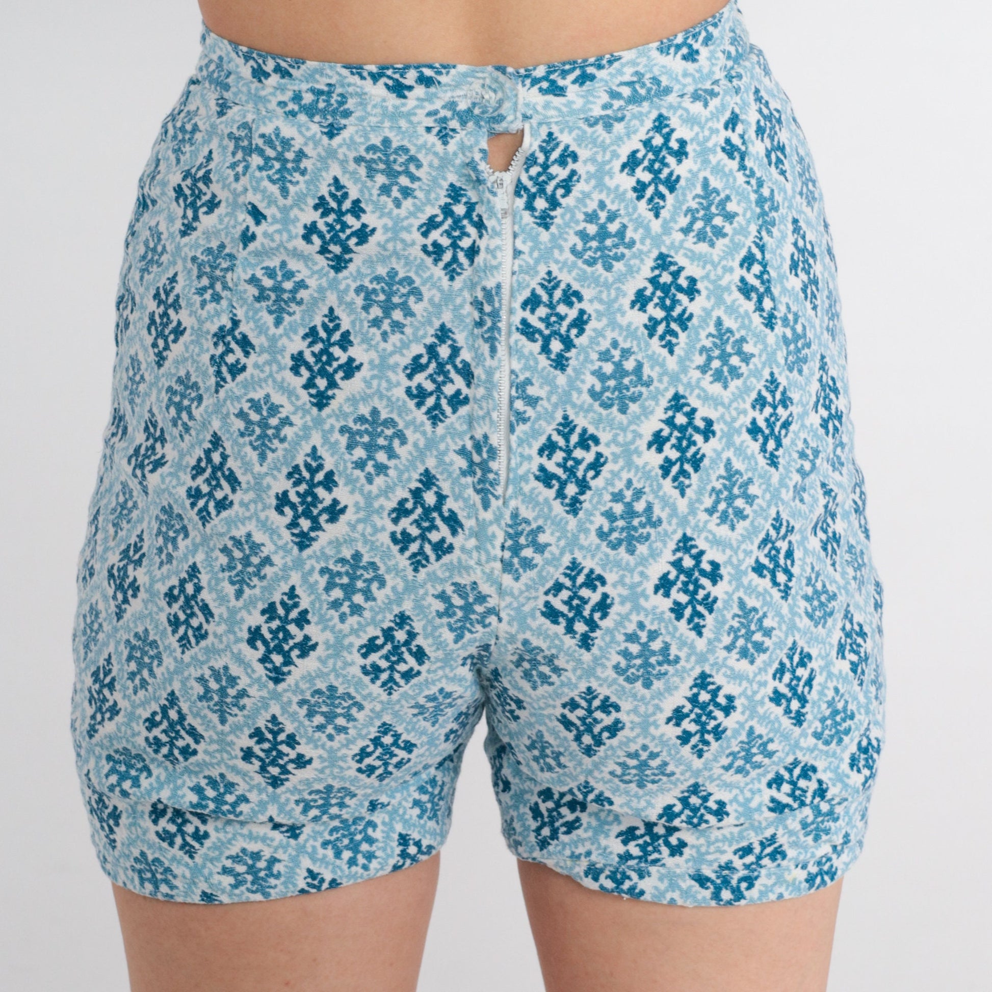 60s Blue Tapestry Print High-Waist Shorts Geometric XXS