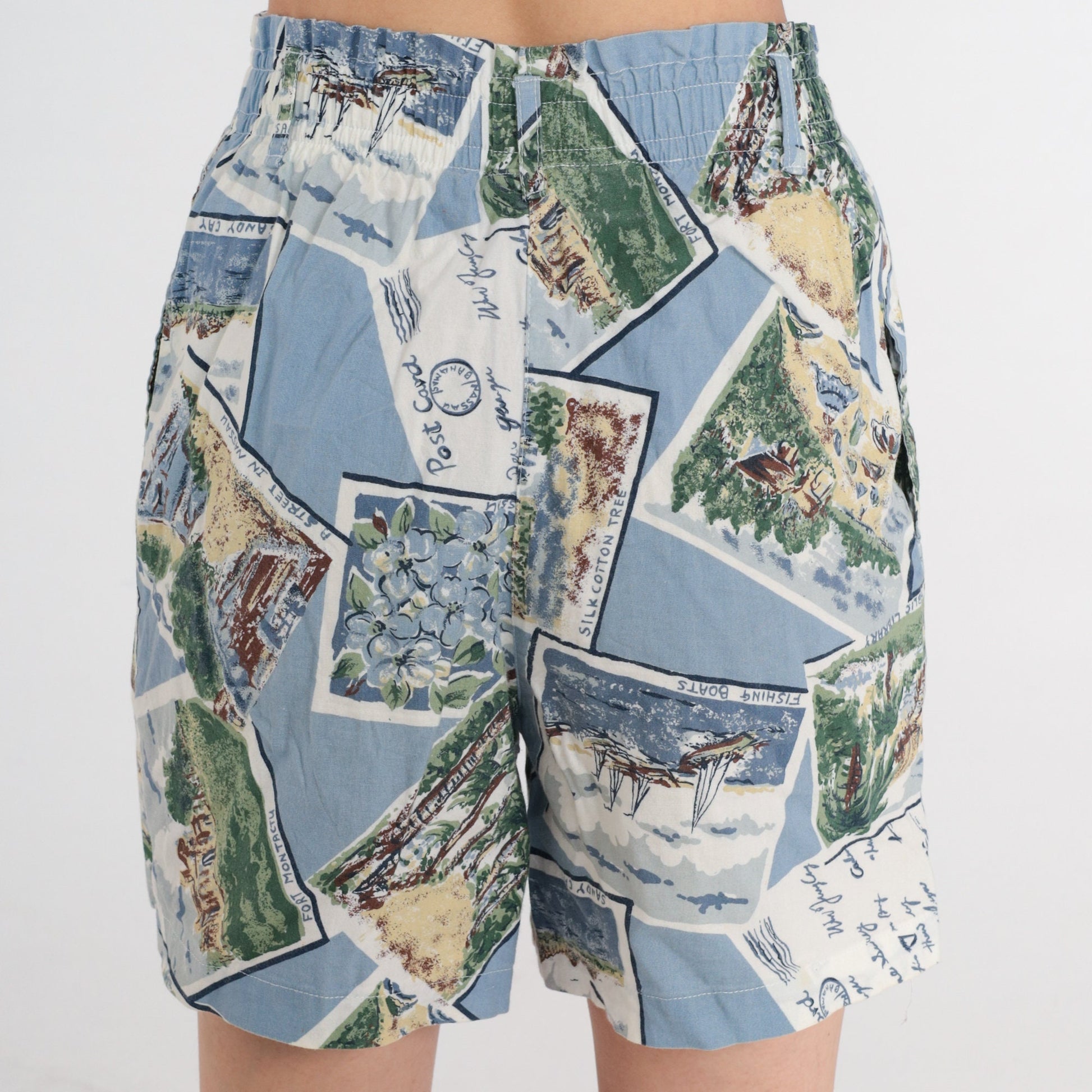 90s Bahamas Postcard Pleated High-Waist Shorts Blue Cotton Small