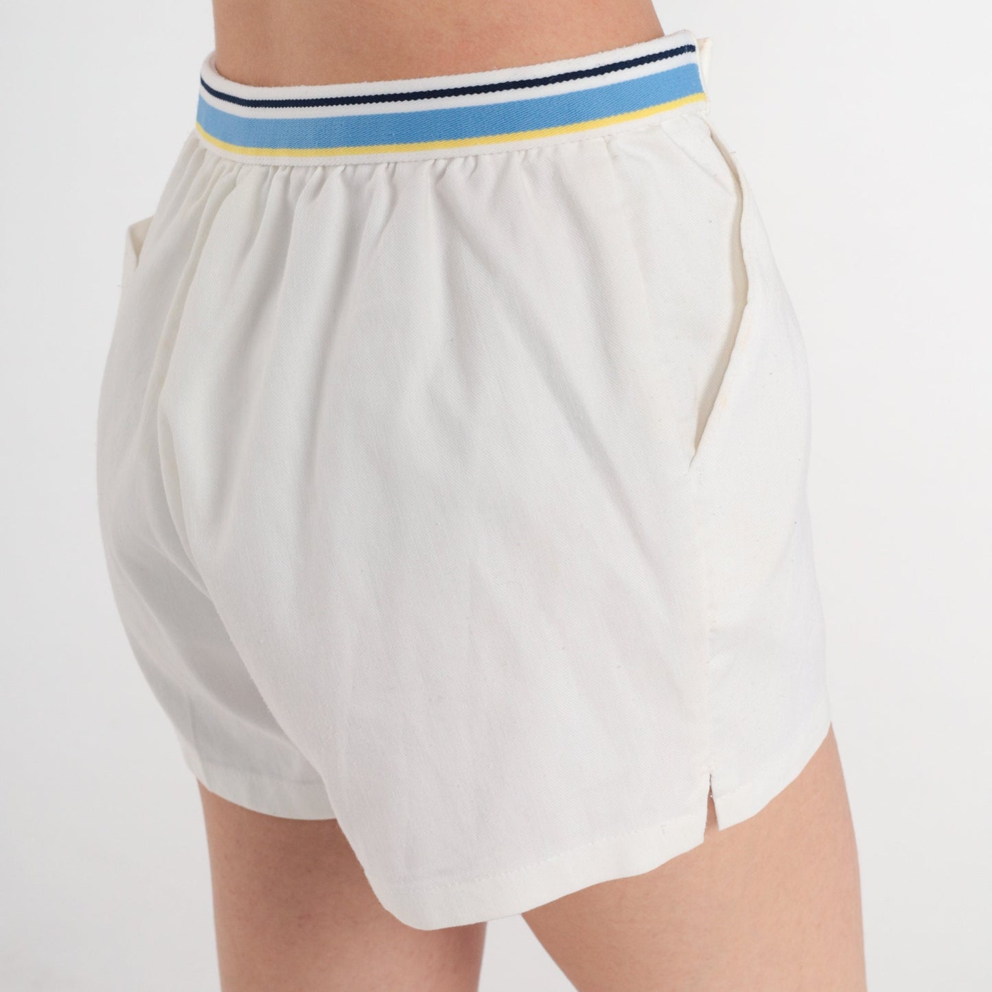 80s Jantzen White Tennis Shorts Blue Stripe High-Waist Small
