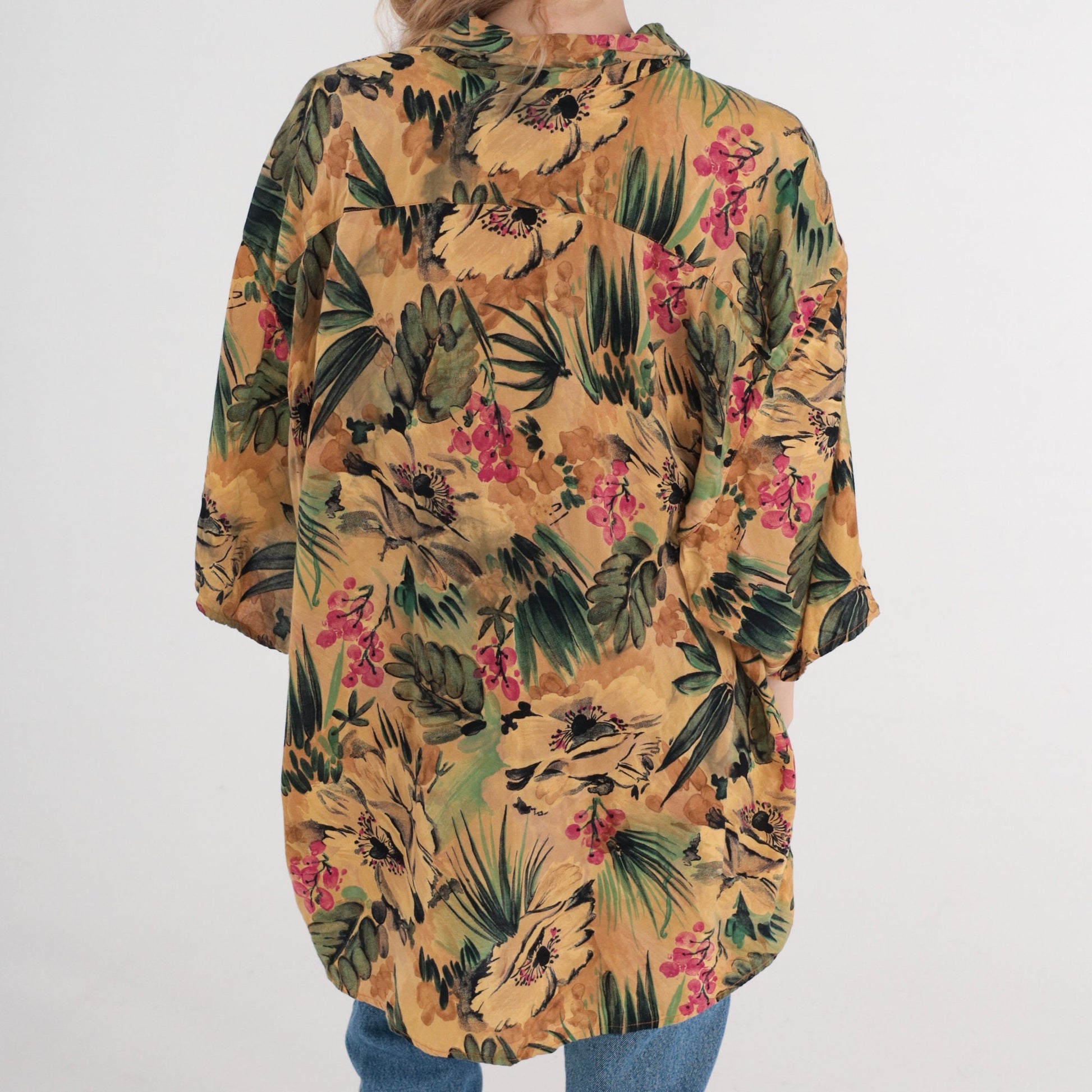 90s Tropical Floral Leaf Print Hawaiian Button-Up Shirt Tan Green Pink Men's XL
