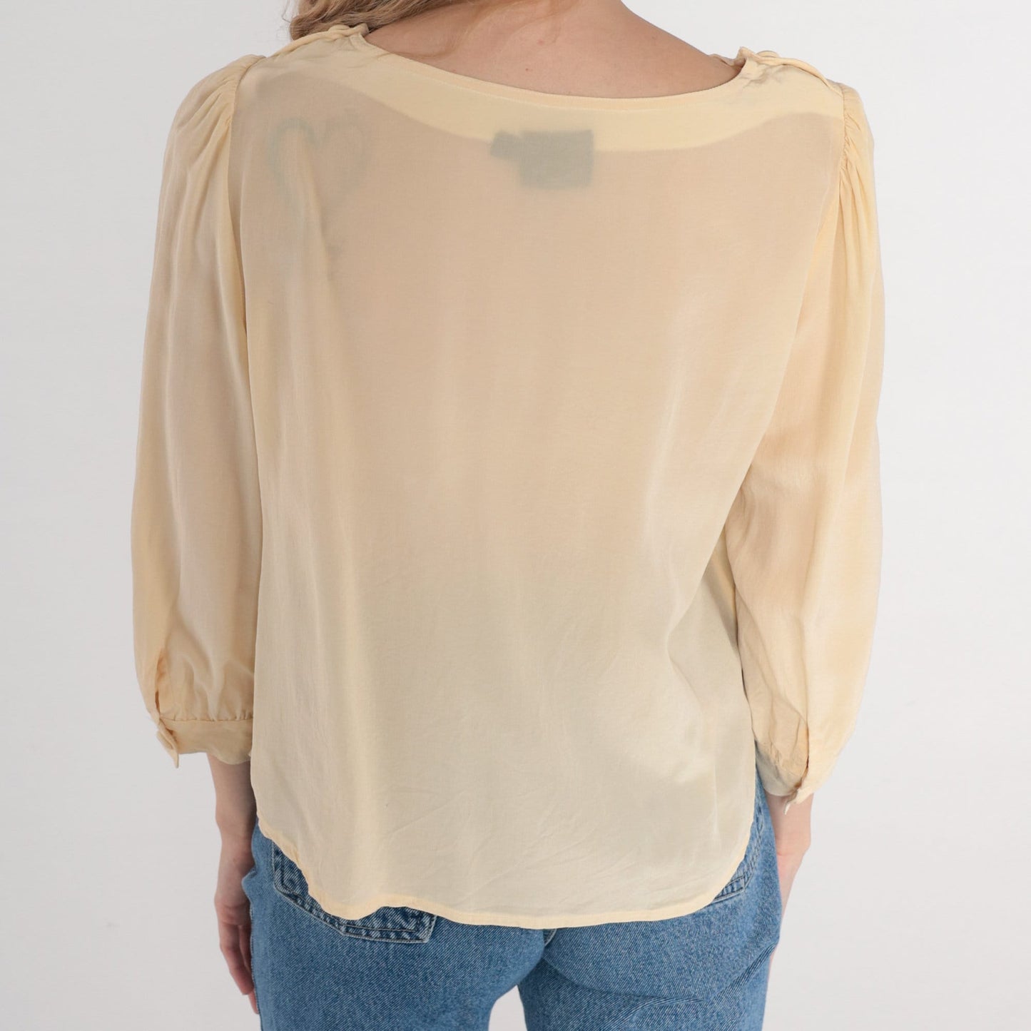 80s Jonathan Martin Cream Silk Blouse Puff Sleeve Button Shoulder Medium