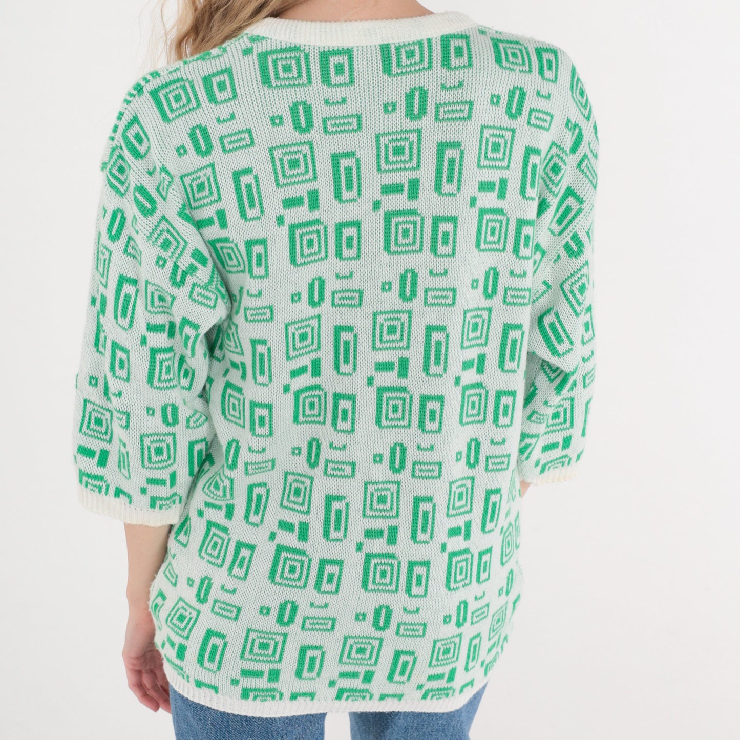80s Helen Harper Geometric Square Knit Sweater White Green 3/4 Sleeve Small