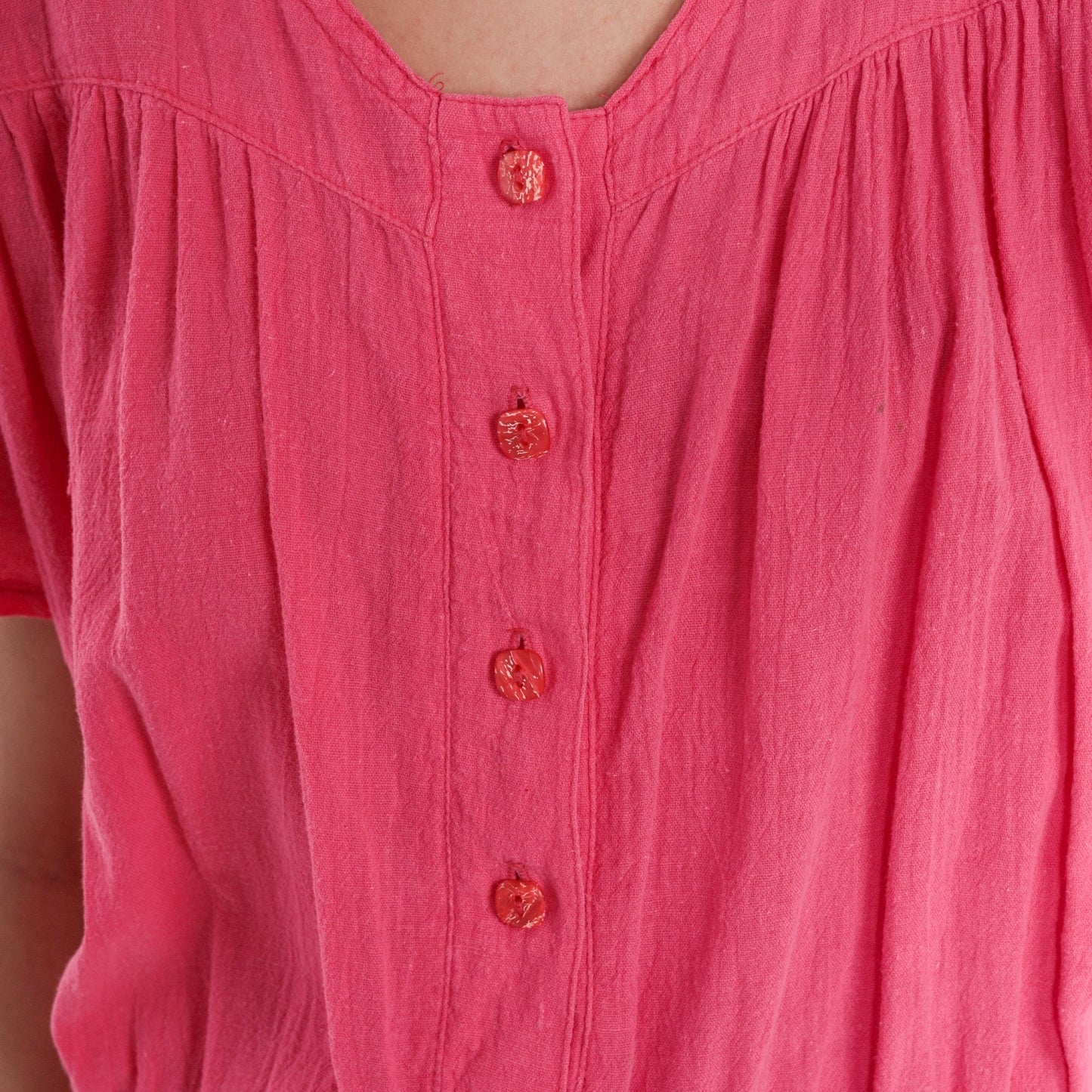 80s Pink Cotton Romper High Waisted Button Front Short Sleeve Small