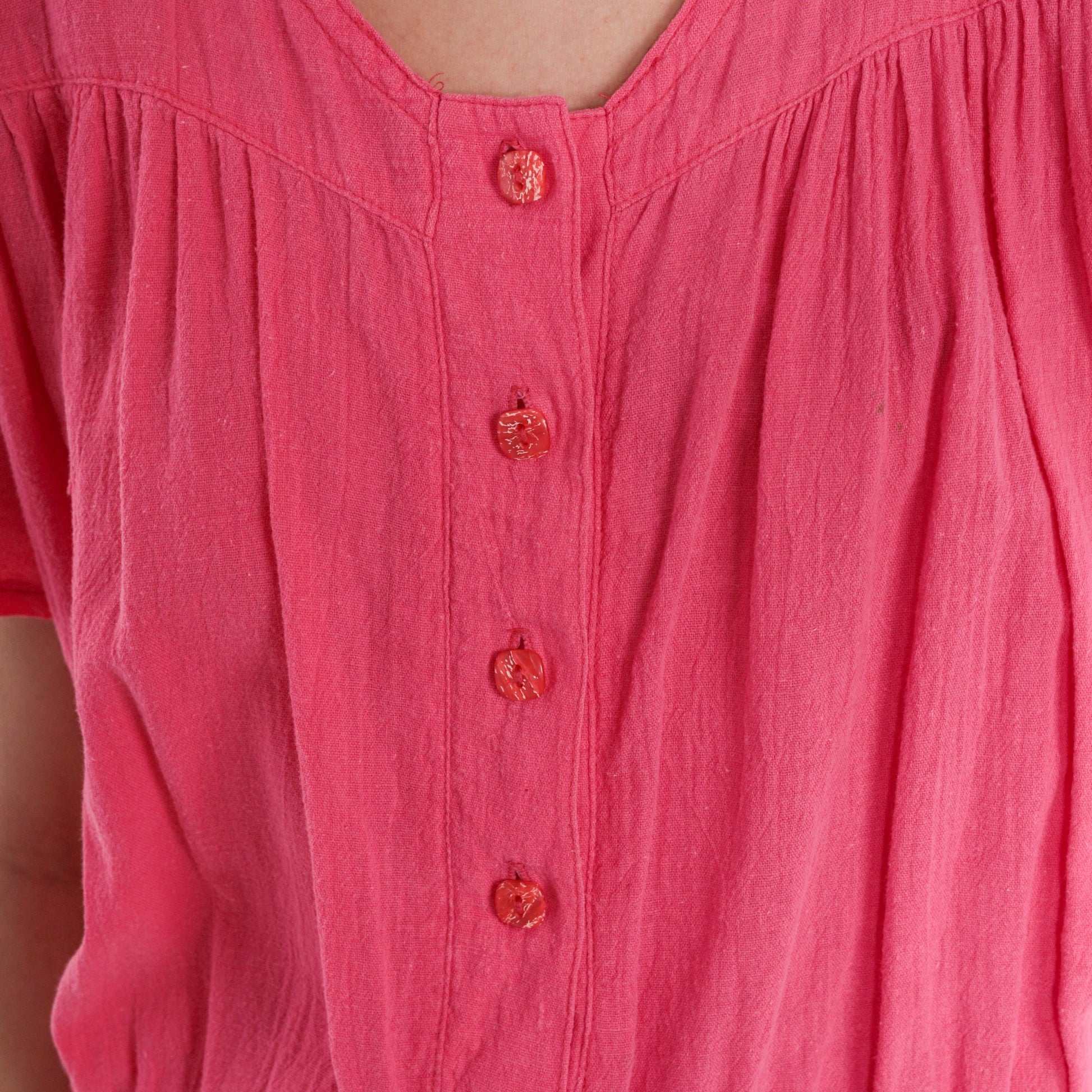 80s Pink Cotton Romper High Waisted Button Front Short Sleeve Small