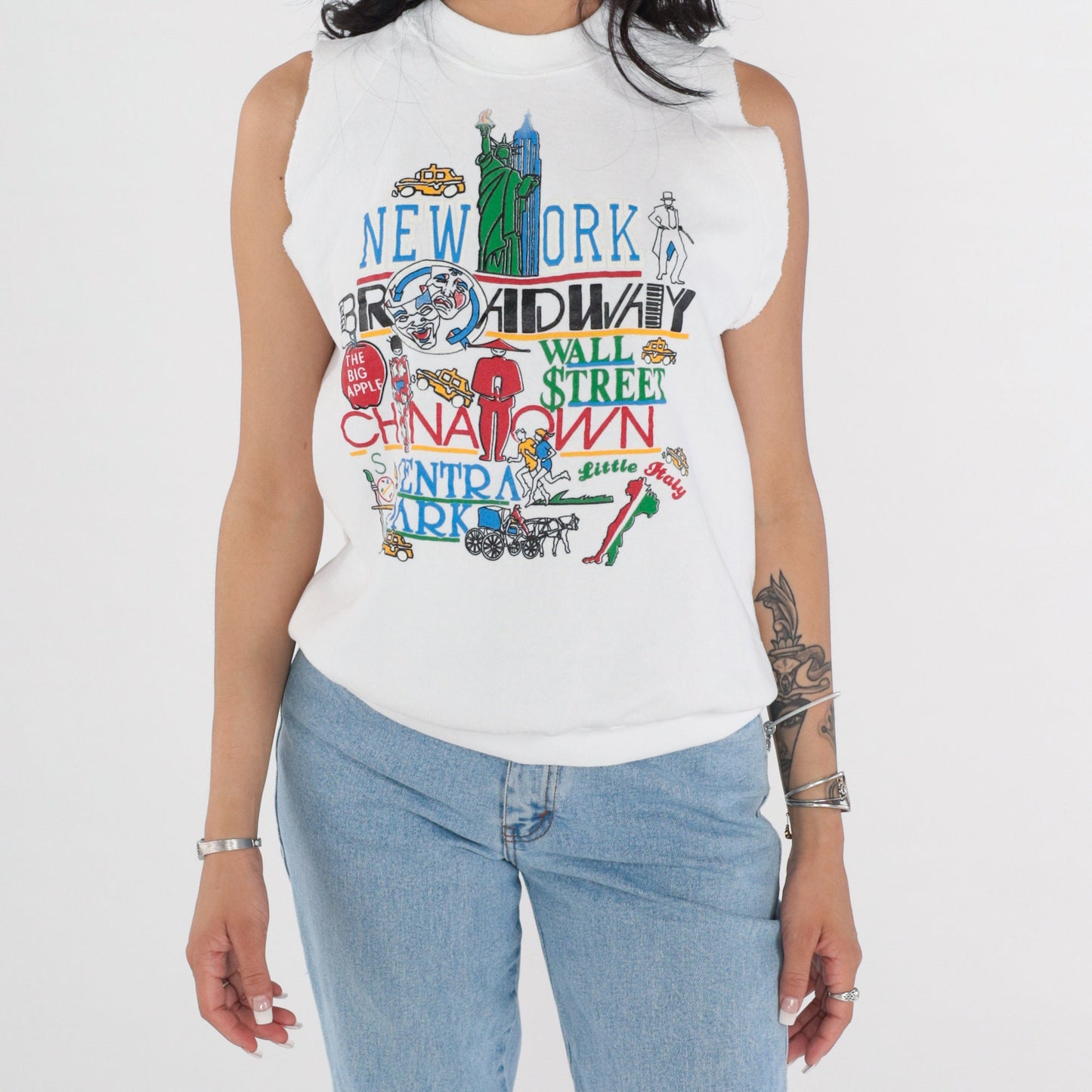 90s New York Muscle Tank Top White Graphic Cutoff Sweatshirt Medium