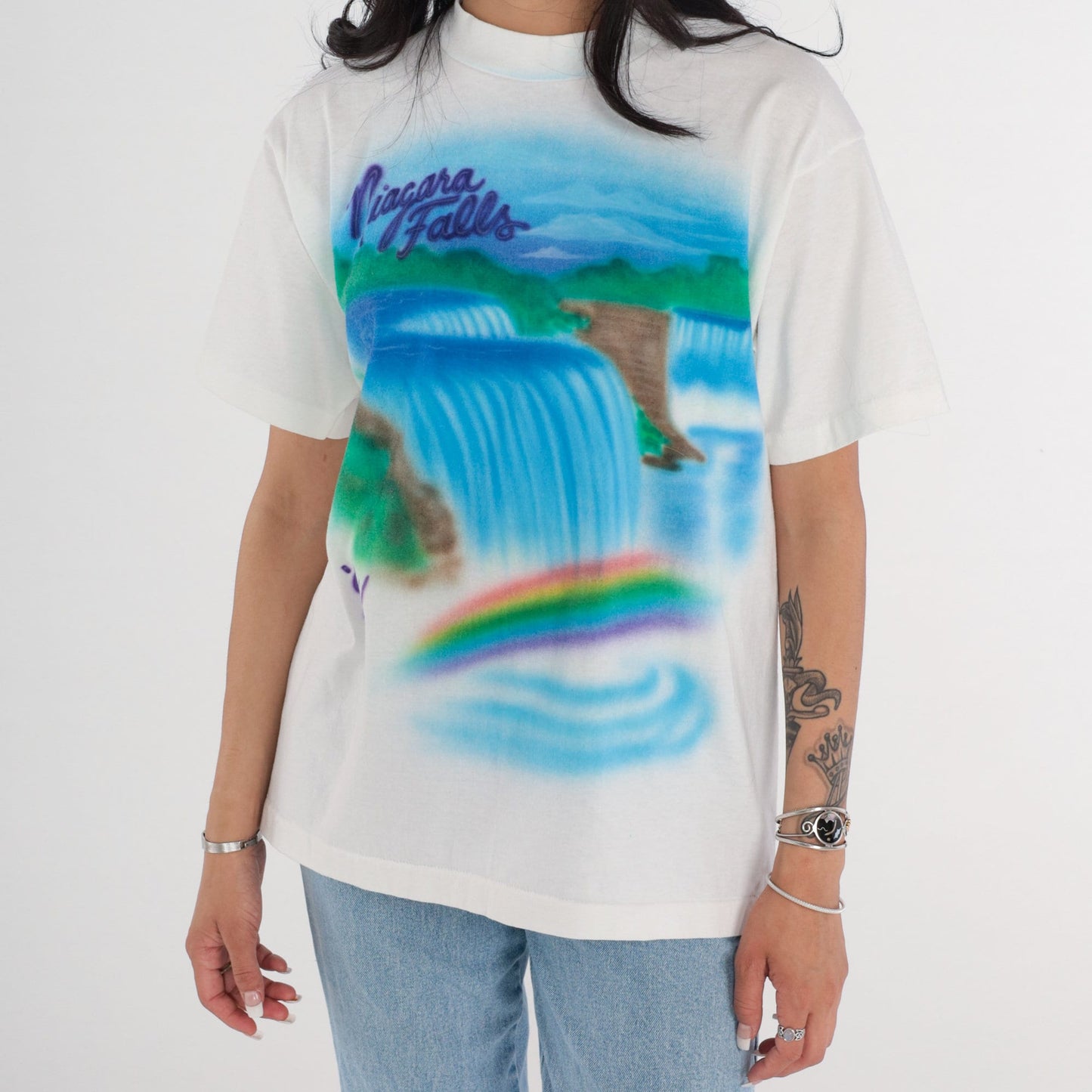 90s Niagara Falls Airbrush T-Shirt Rainbow Waterfall Graphic Tee White Large L