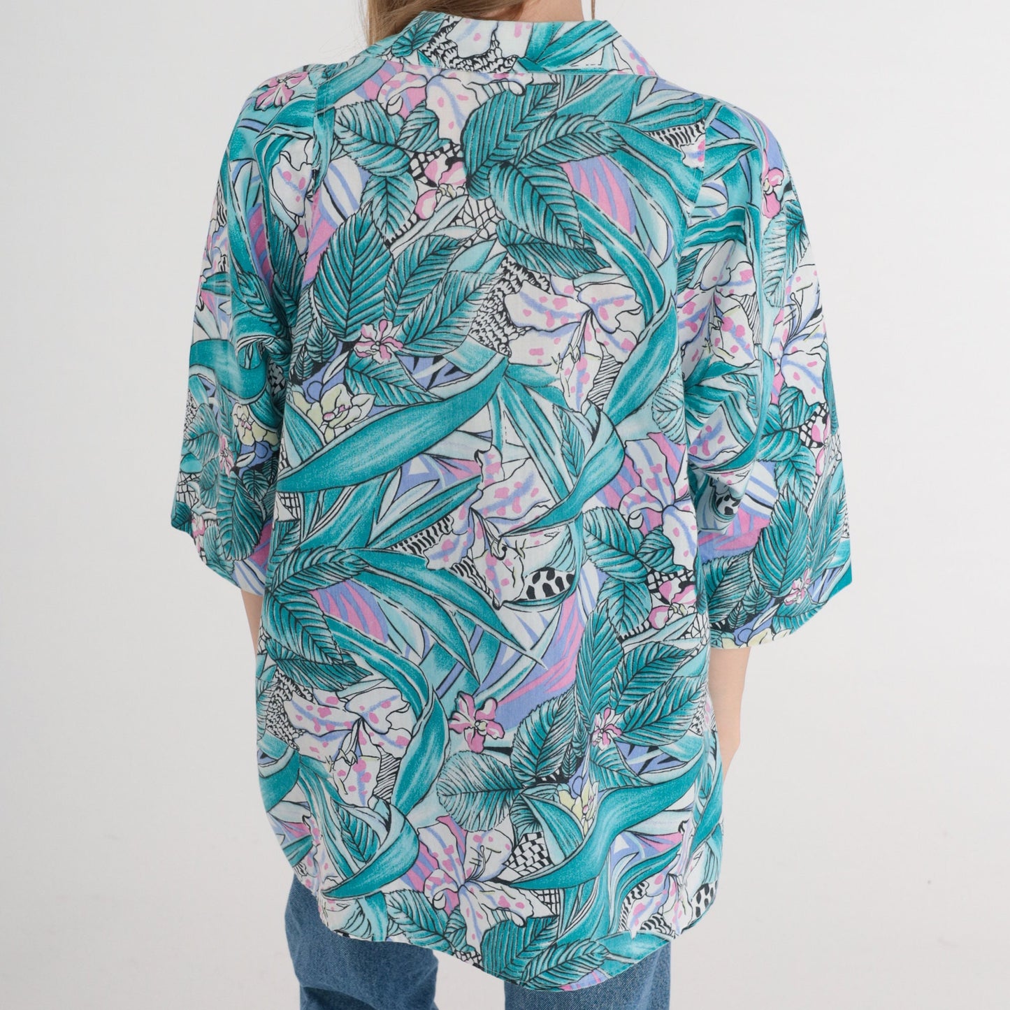 90s Tropical Leopard Floral Button-Up Blouse Pink Purple Blue White Large L