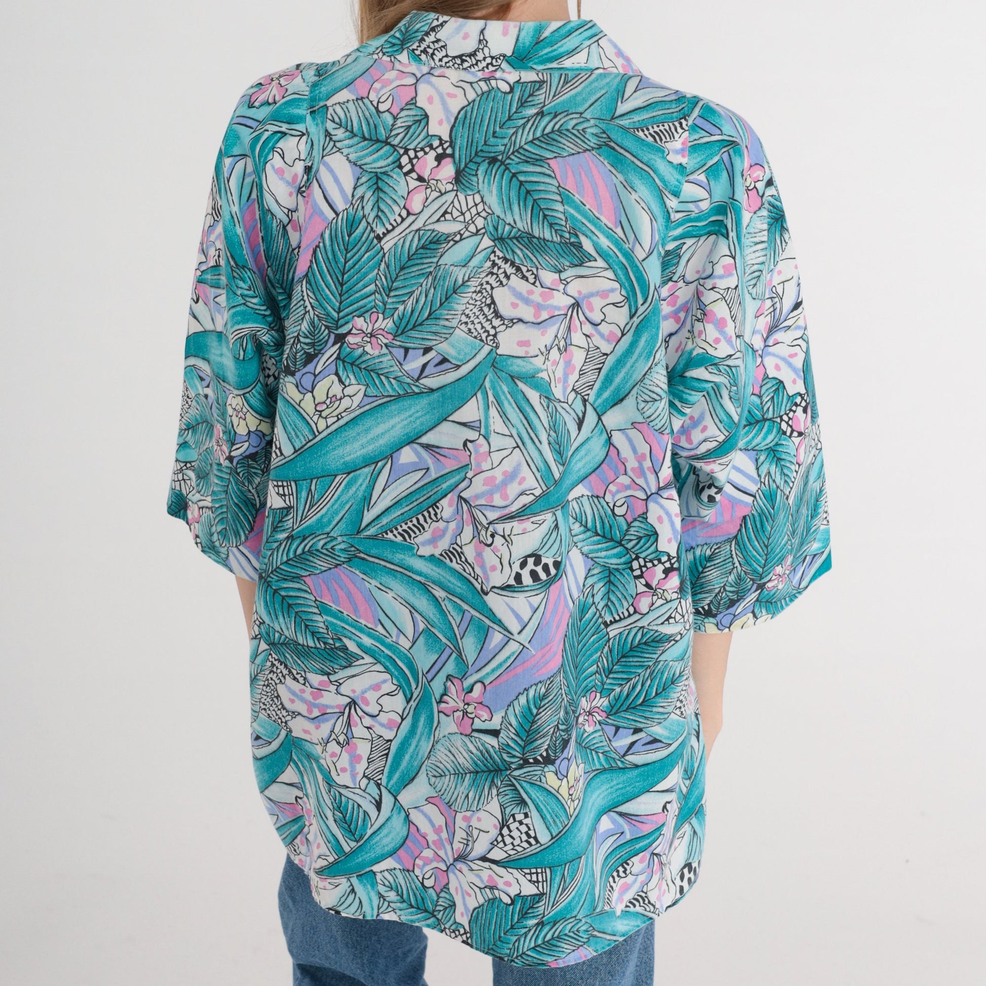 90s Tropical Leopard Floral Button-Up Blouse Pink Purple Blue White Large L