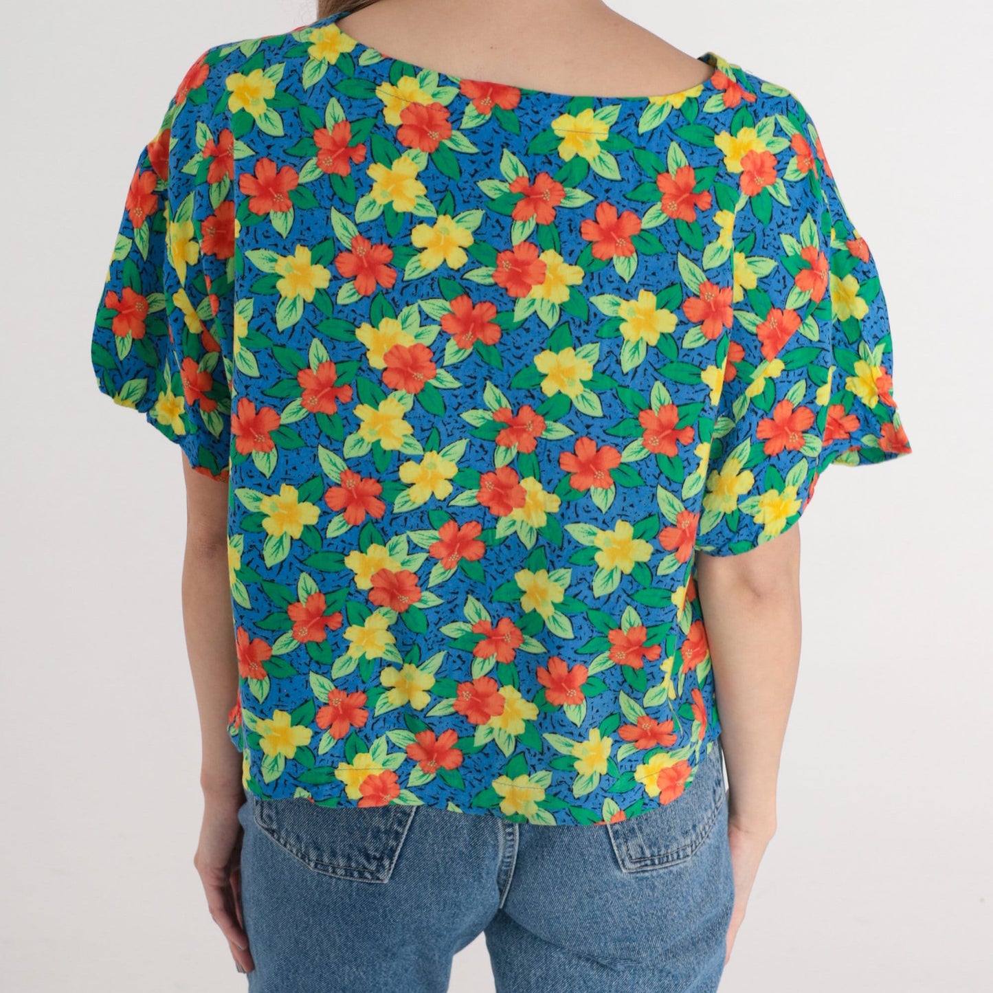 90s Tropical Hibiscus Floral Rayon Shirt Blue Short Sleeve Small