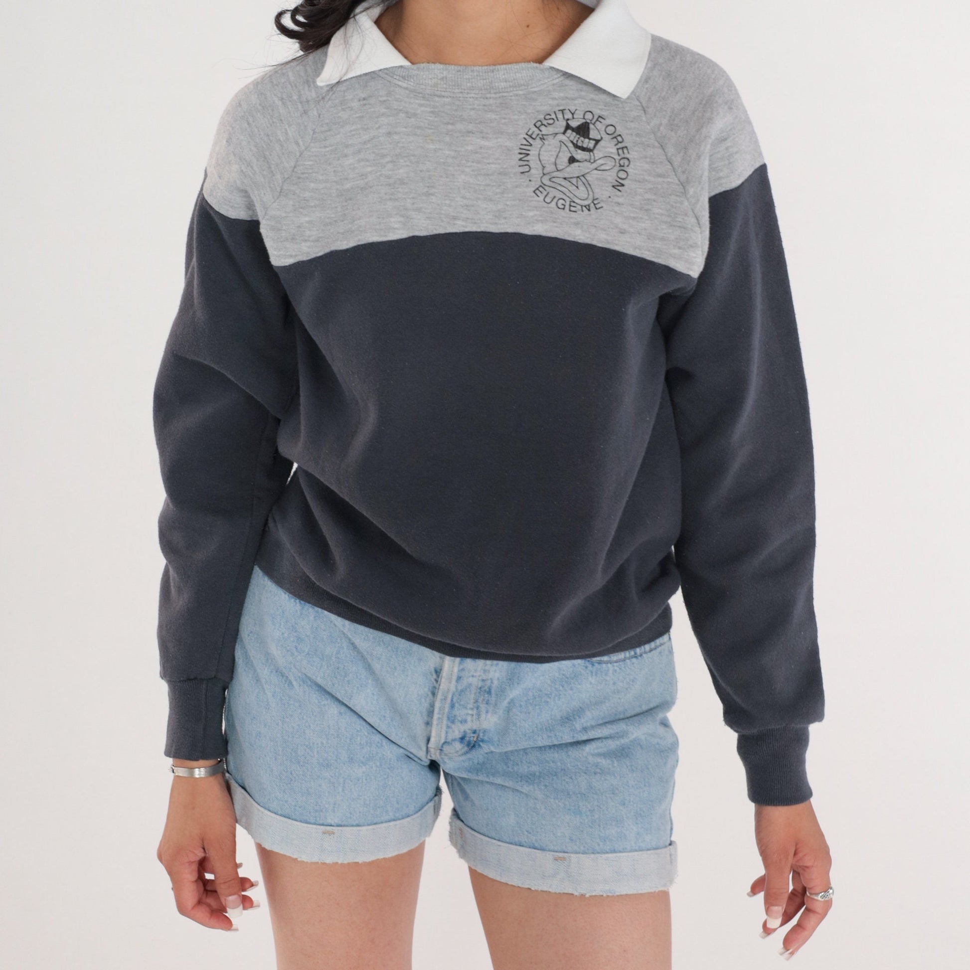 80s University of Oregon Ducks Raglan Sweatshirt Grey Collared Small