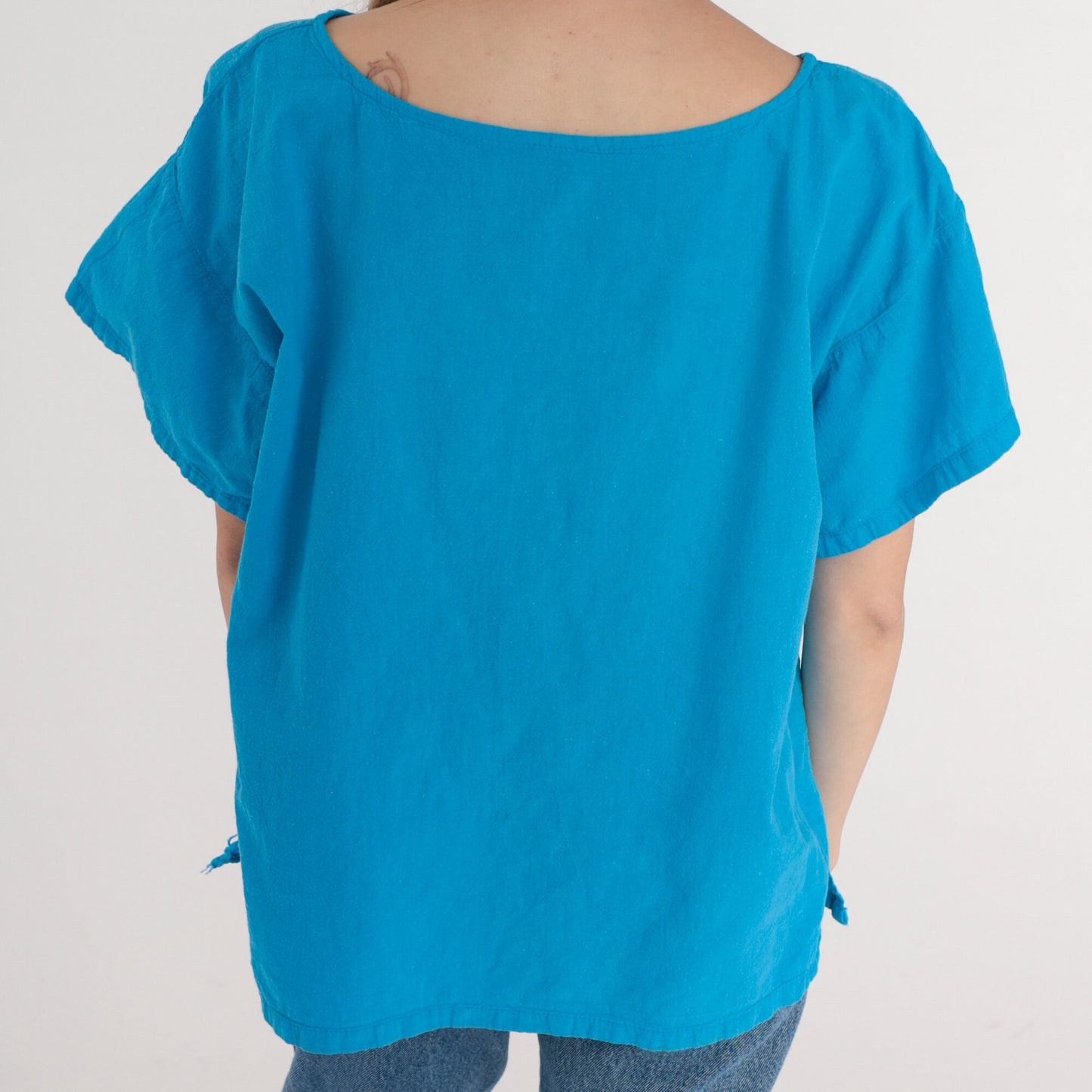90s Manzanillo Mexico Blue Seashell Starfish Glitter Blouse Extra Large XL