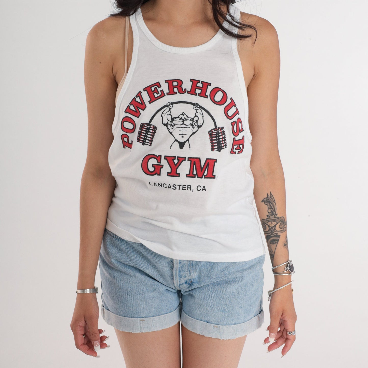 90s Powerhouse Gym Lancaster Tank Top White Graphic Weightlifting Medium