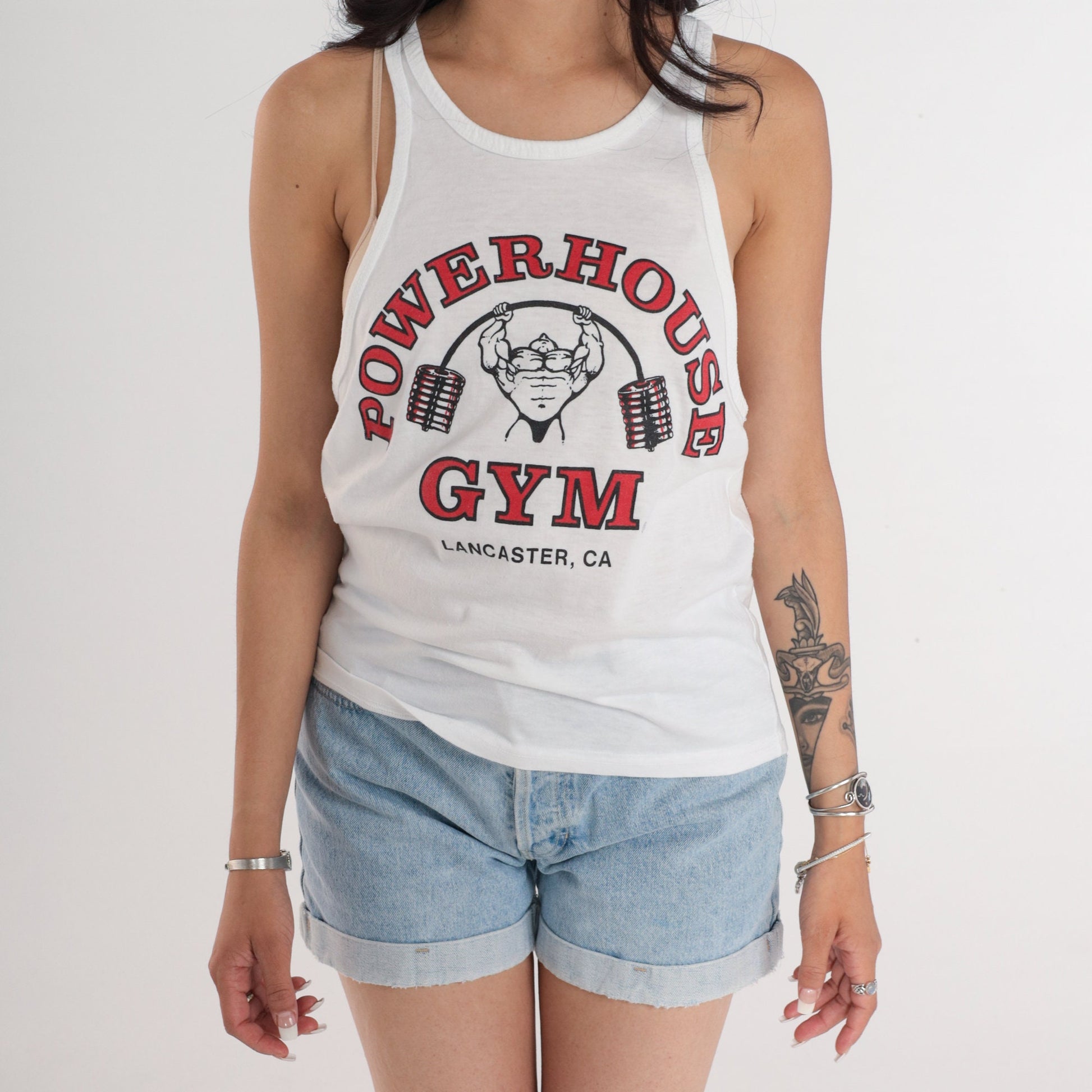 90s Powerhouse Gym Lancaster Tank Top White Graphic Weightlifting Medium