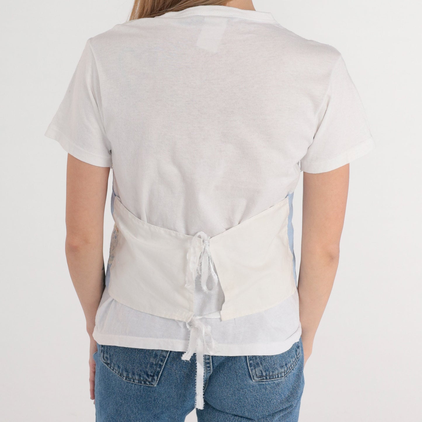 90s Baby Blue Lace Vest White T-Shirt Combo Pearl Beaded Rosette Small