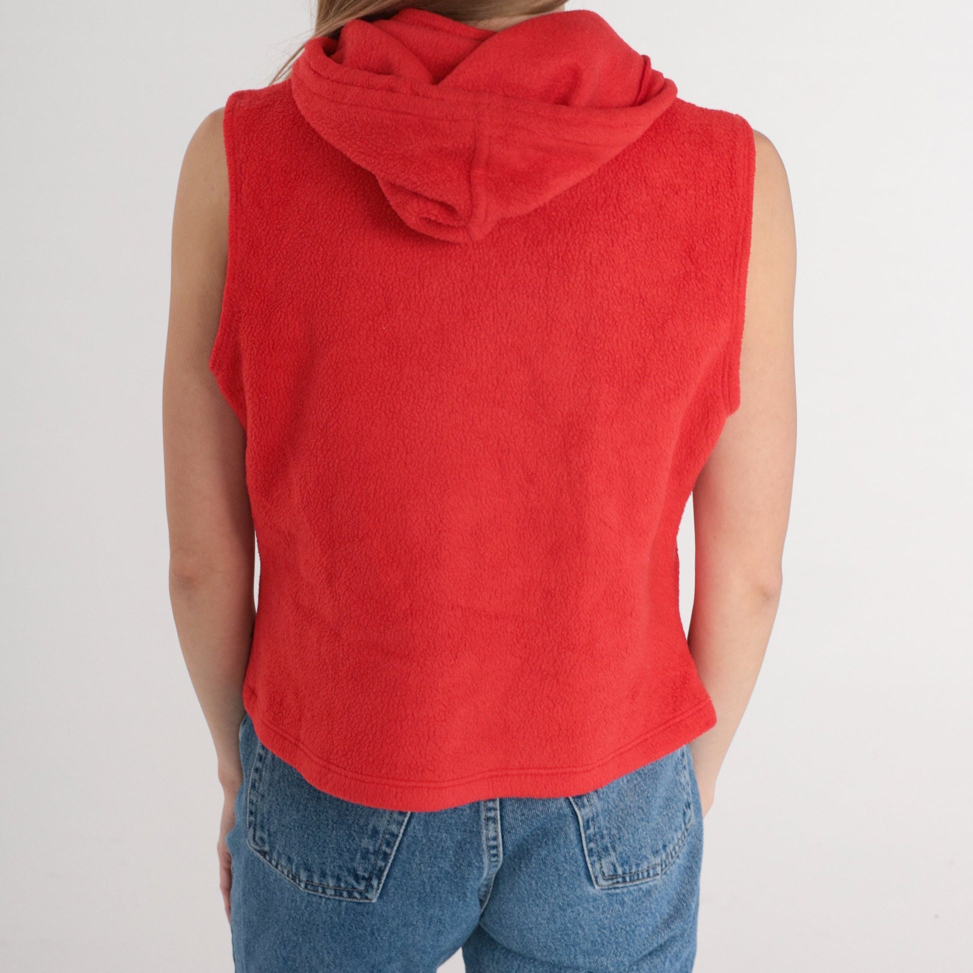90s Forever 21 Red Fleece Hooded Zip Vest Small