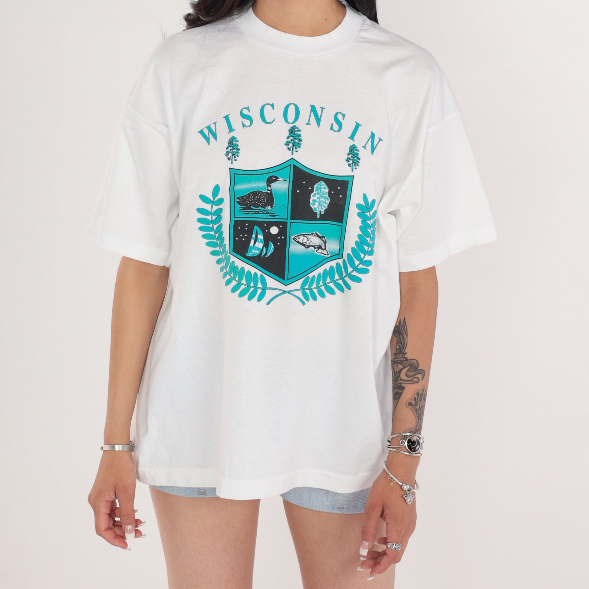 90s Wisconsin State Crest Graphic T-Shirt Single Stitch White Extra Large XL