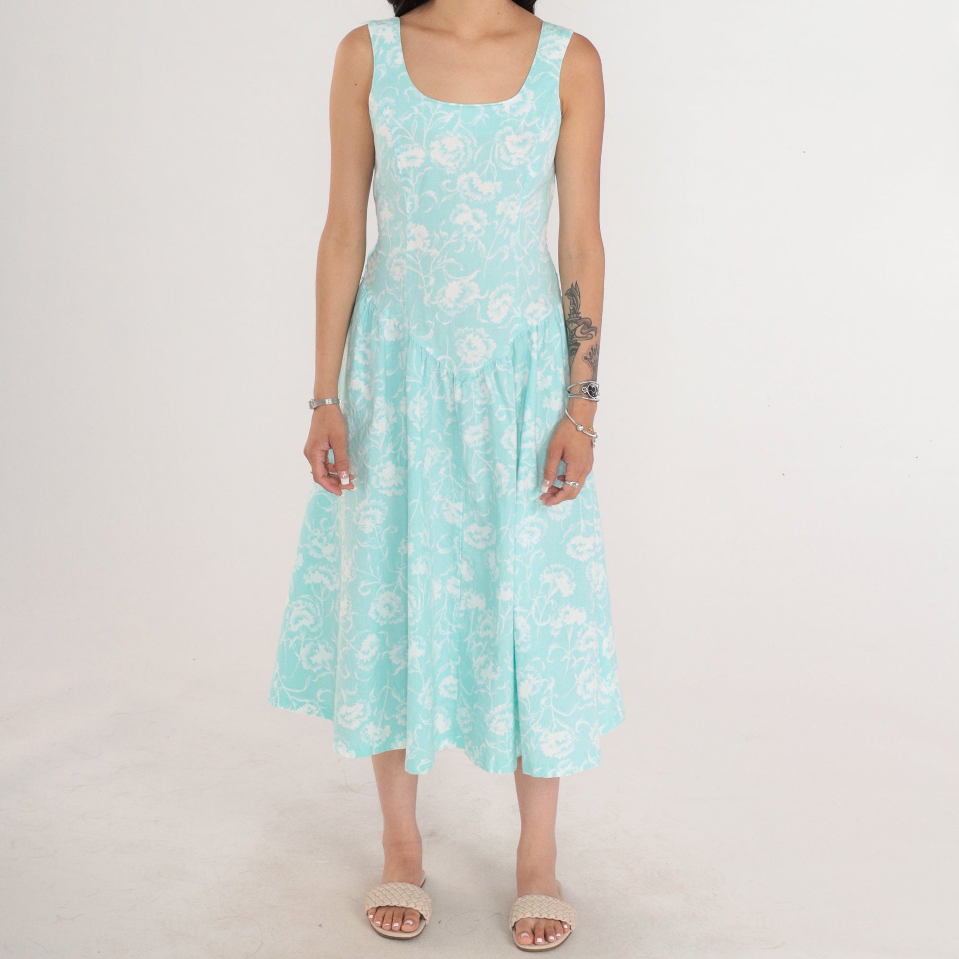 80s Joni Blair Floral Midi Sundress Light Aqua Cotton Basque Waist Small