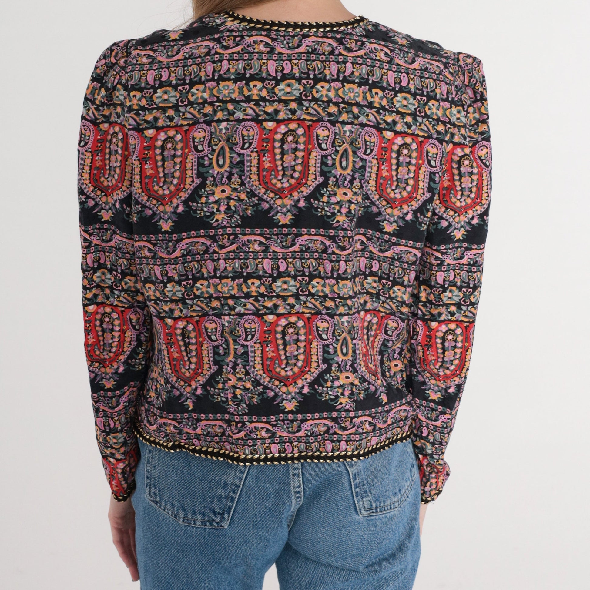 90s Maggie London Silk Blouse Black Paisley Floral Puff Sleeve Medium