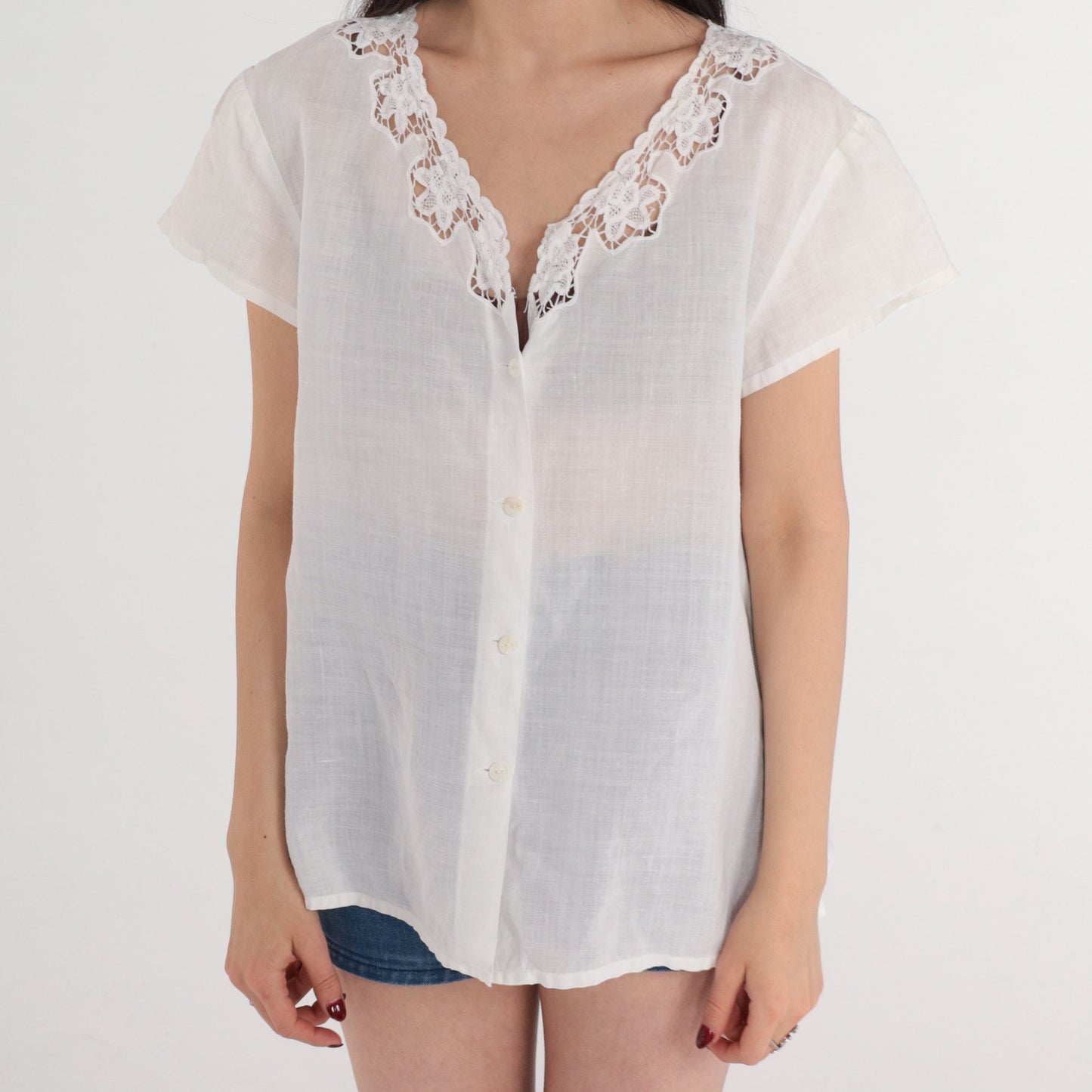 90s White Floral Cutout Ramie Blouse Short Sleeve Button Up Medium M