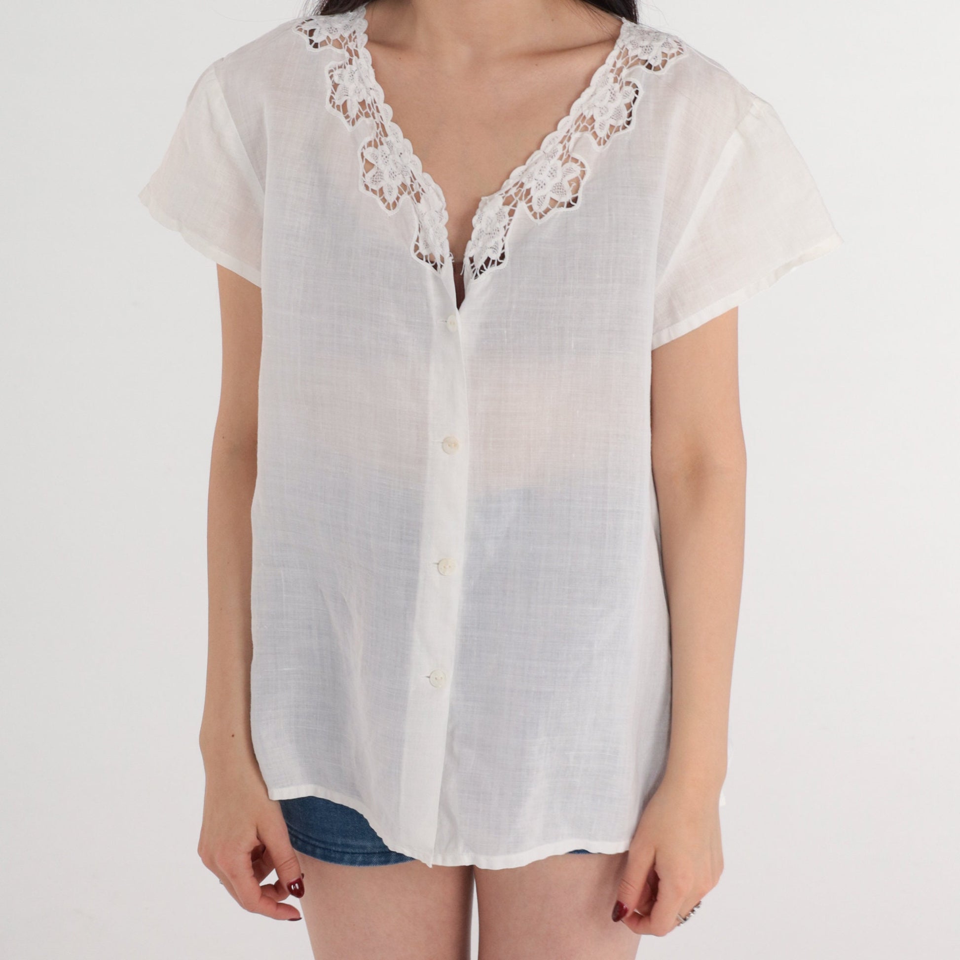 90s White Floral Cutout Ramie Blouse Short Sleeve Button Up Medium M