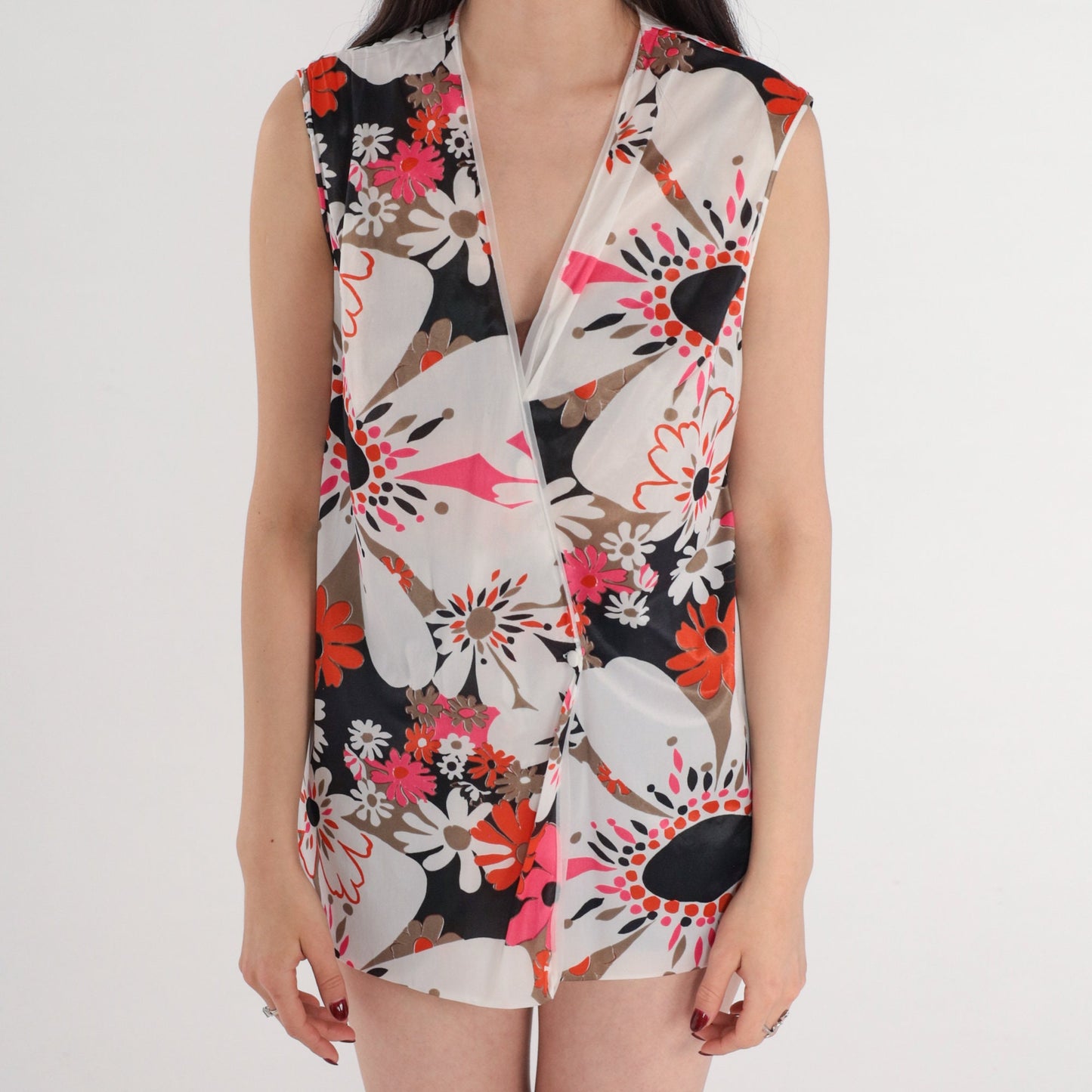 70s Floral Wrap Tank Top Sleeveless Blouse Multicolor Medium