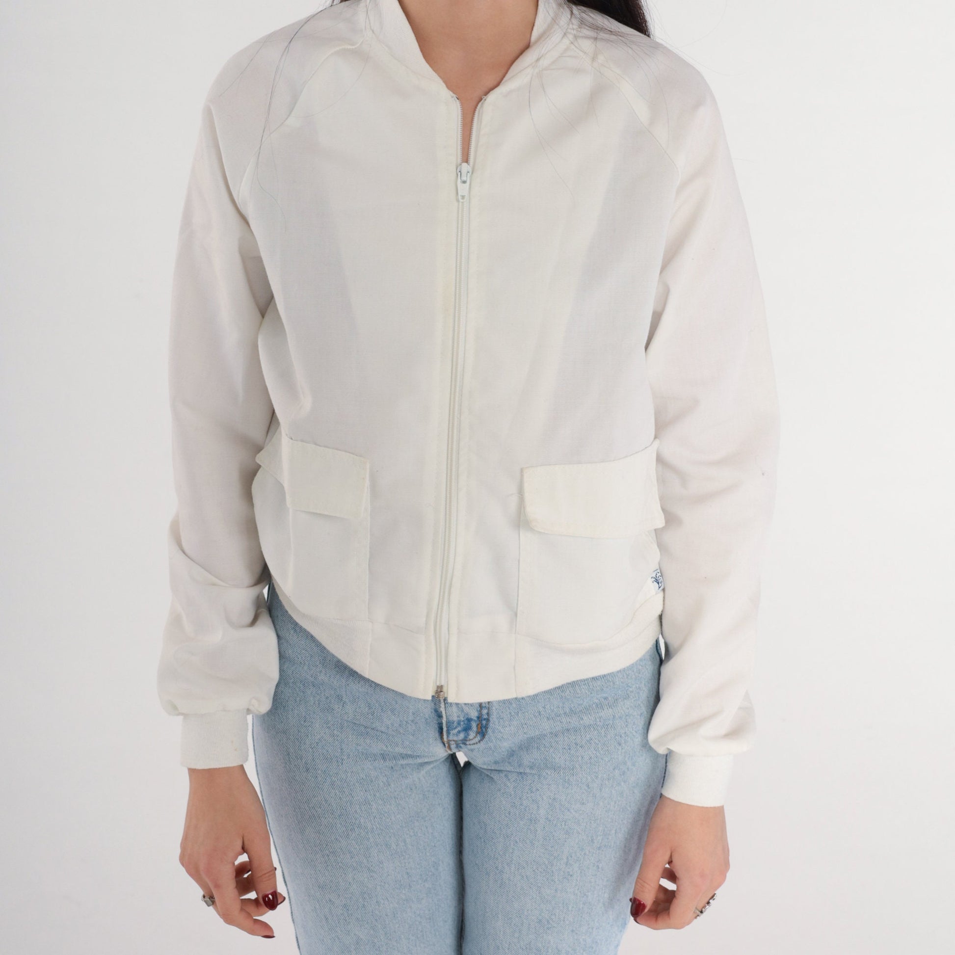 70s White Bomber Jacket Raglan Sleeve Zip Front Small